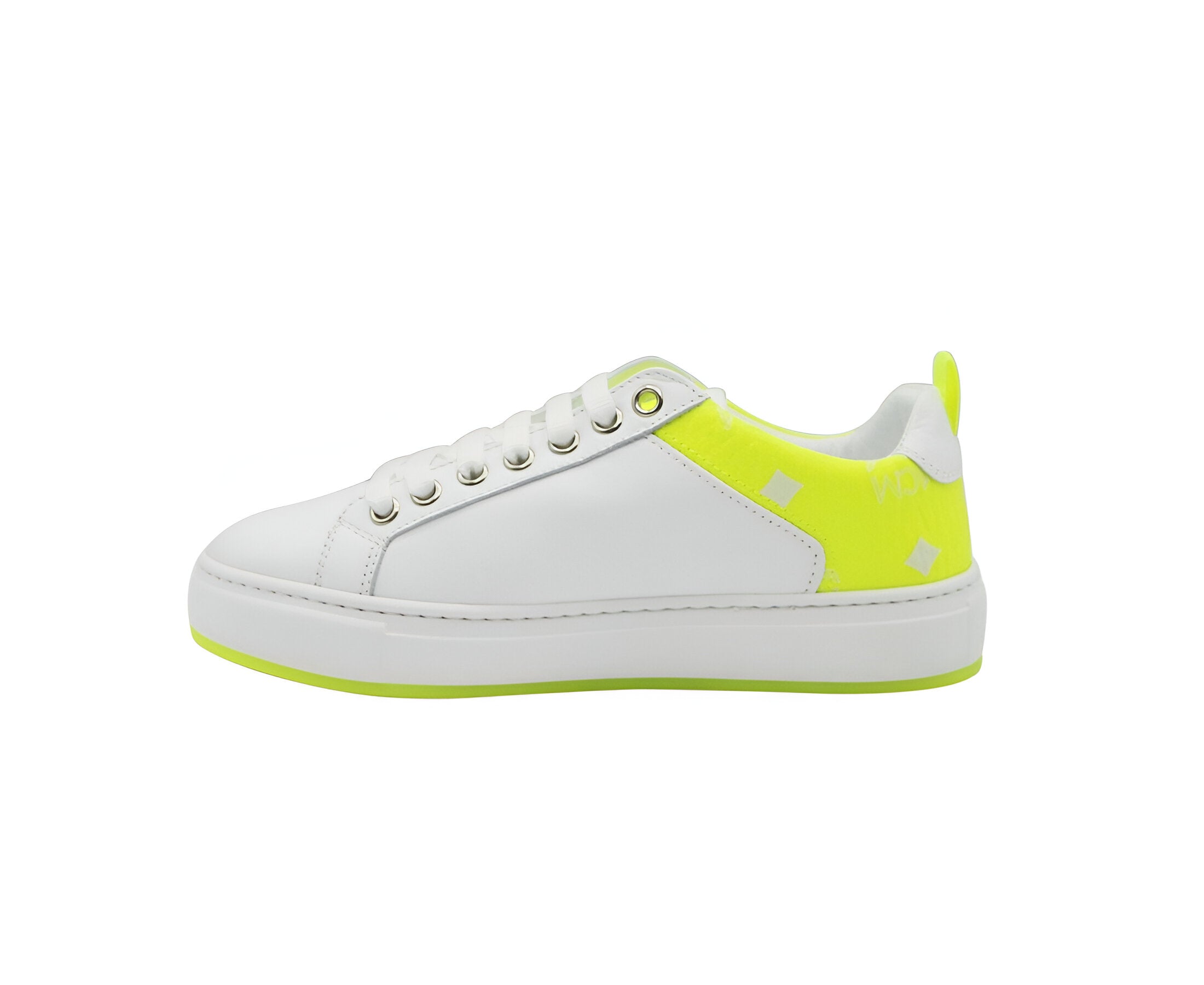 MCM Women's White Leather Neon Green Logo Trim Low Top Sneaker (37 EU / 7 US)