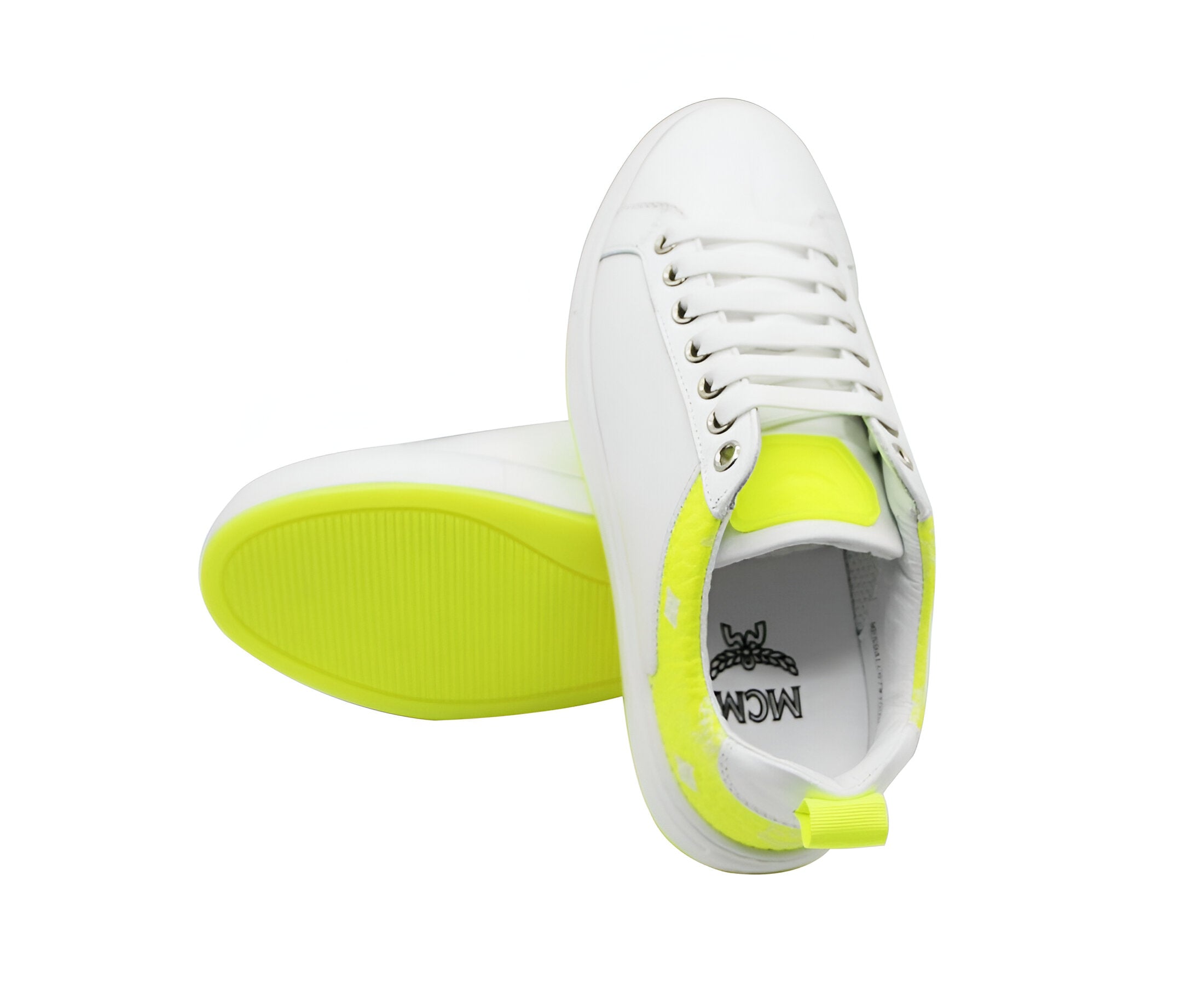MCM Women's White Leather Neon Green Logo Trim Low Top Sneaker (37 EU / 7 US)