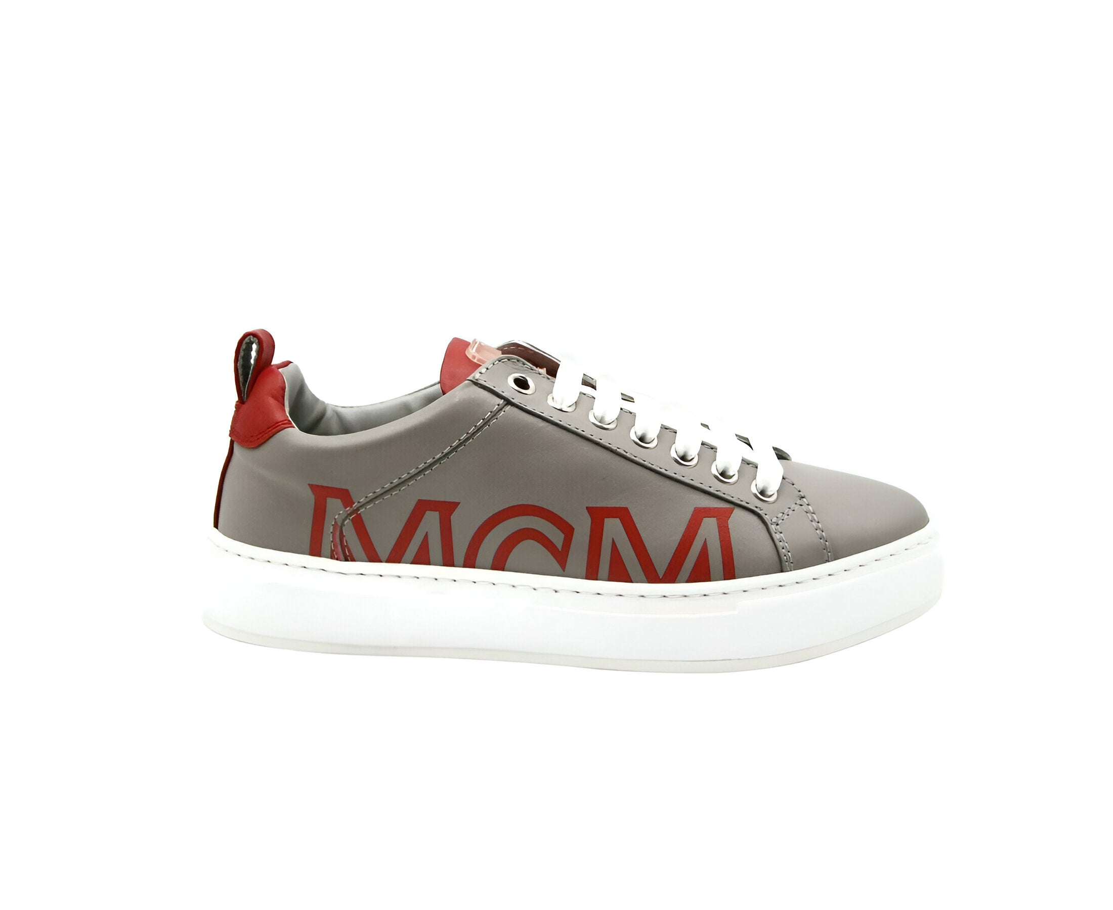 MCM Women's Grey Leather With Red Trim And Logo Low Top Sneaker (36 EU / 6 US)