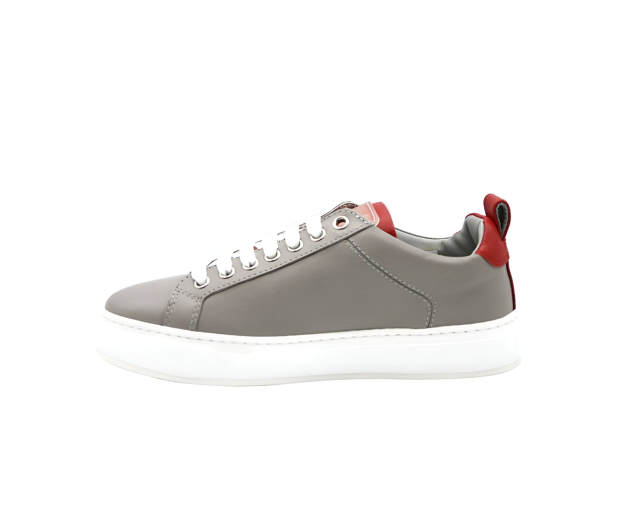 MCM Women's Grey Leather With Red Trim And Logo Low Top Sneaker (36 EU / 6 US)