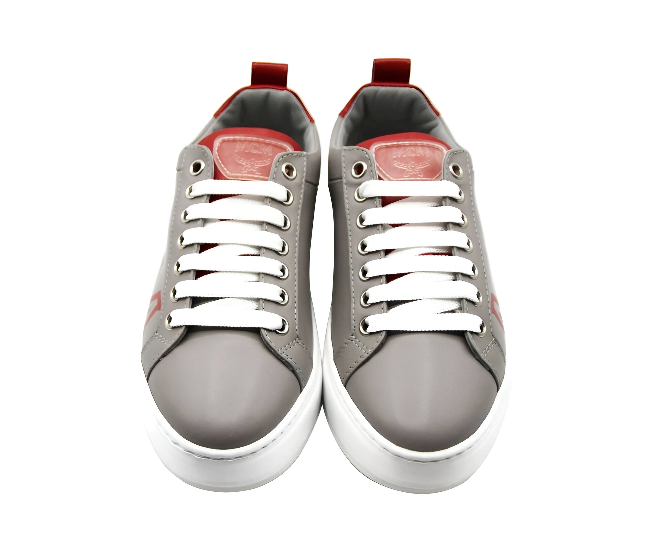 MCM Women's Grey Leather With Red Trim And Logo Low Top Sneaker (36 EU / 6 US)