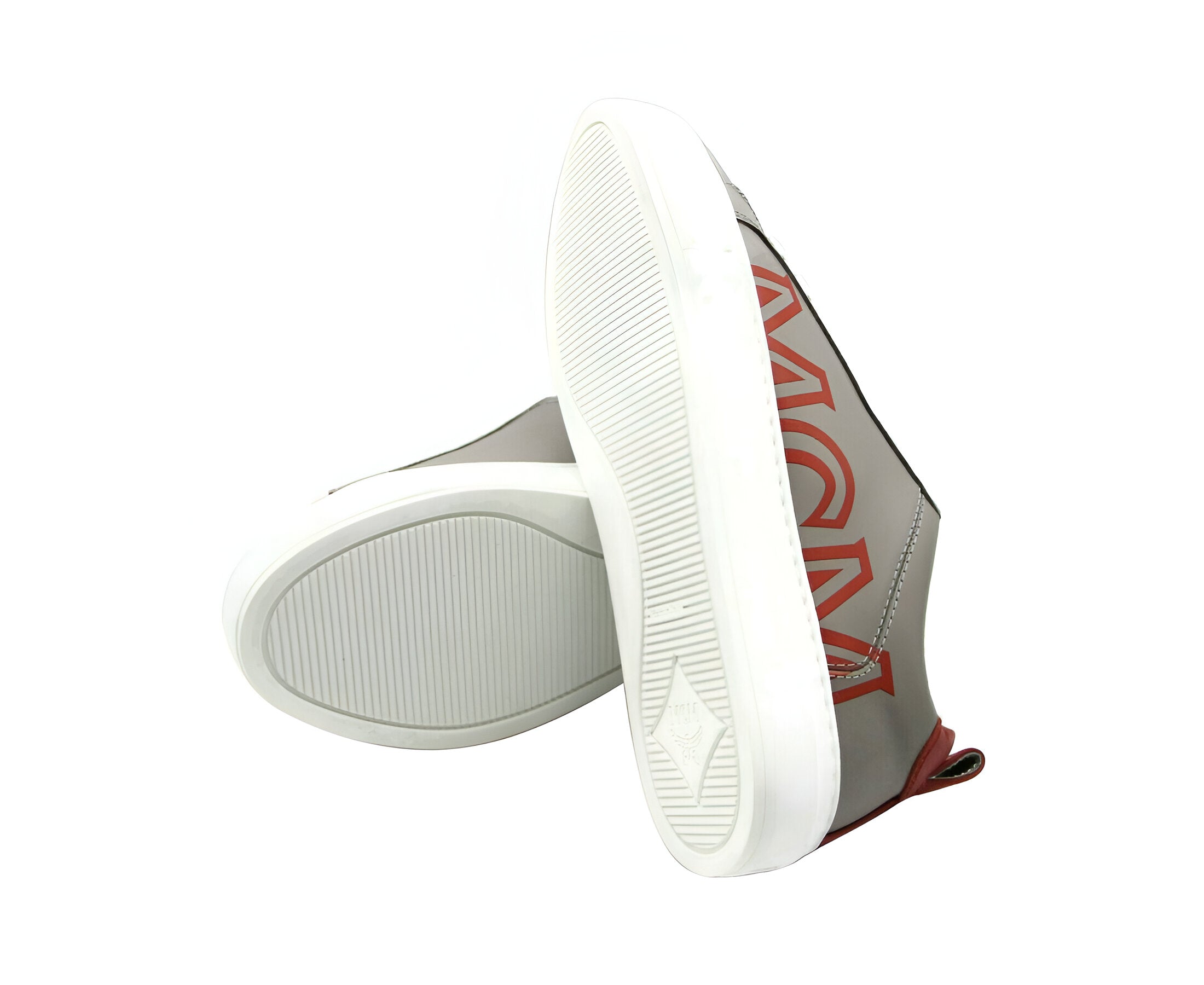 MCM Women's Grey Leather With Red Trim And Logo Low Top Sneaker (36 EU / 6 US)