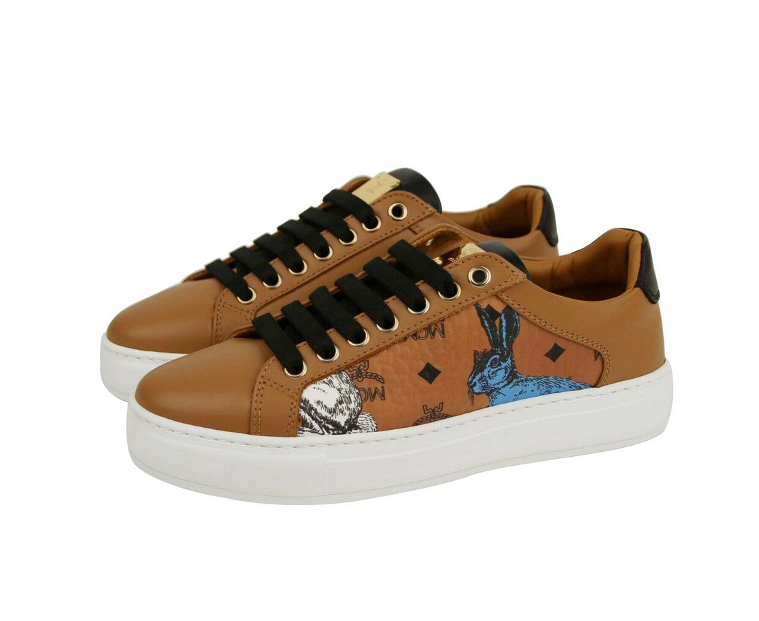 MCM Women's Cognac Brown Visetos Leather Rabbit Print Sneakers MES9AMM76CO0
