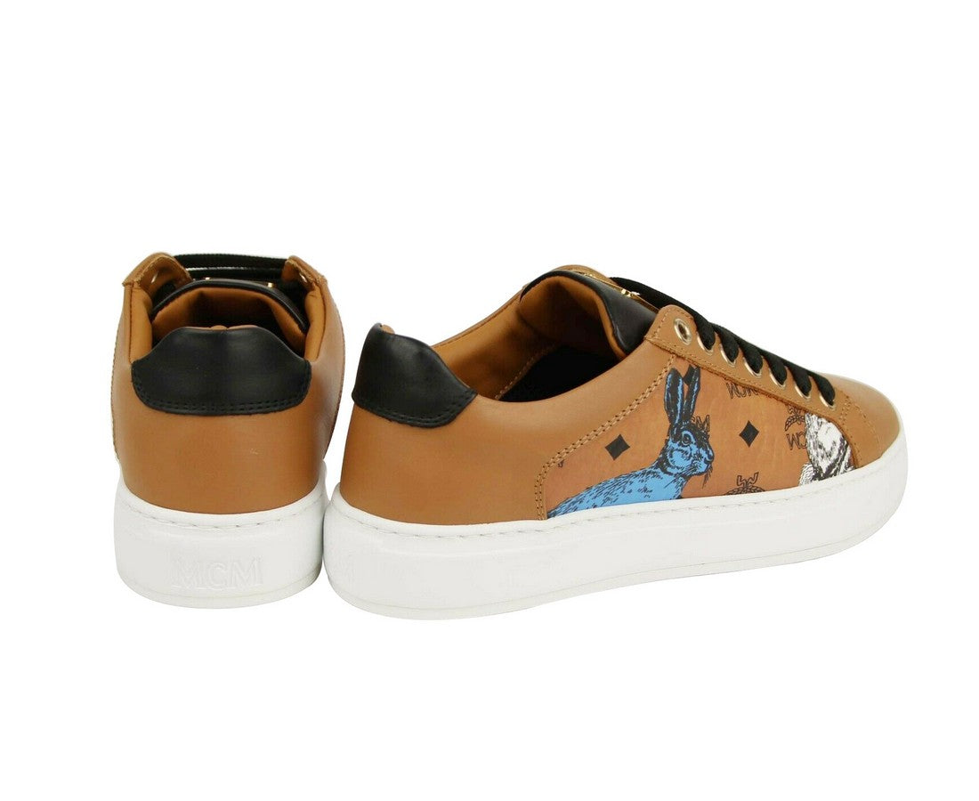 MCM Women's Cognac Brown Visetos Leather Rabbit Print Sneakers MES9AMM76CO0