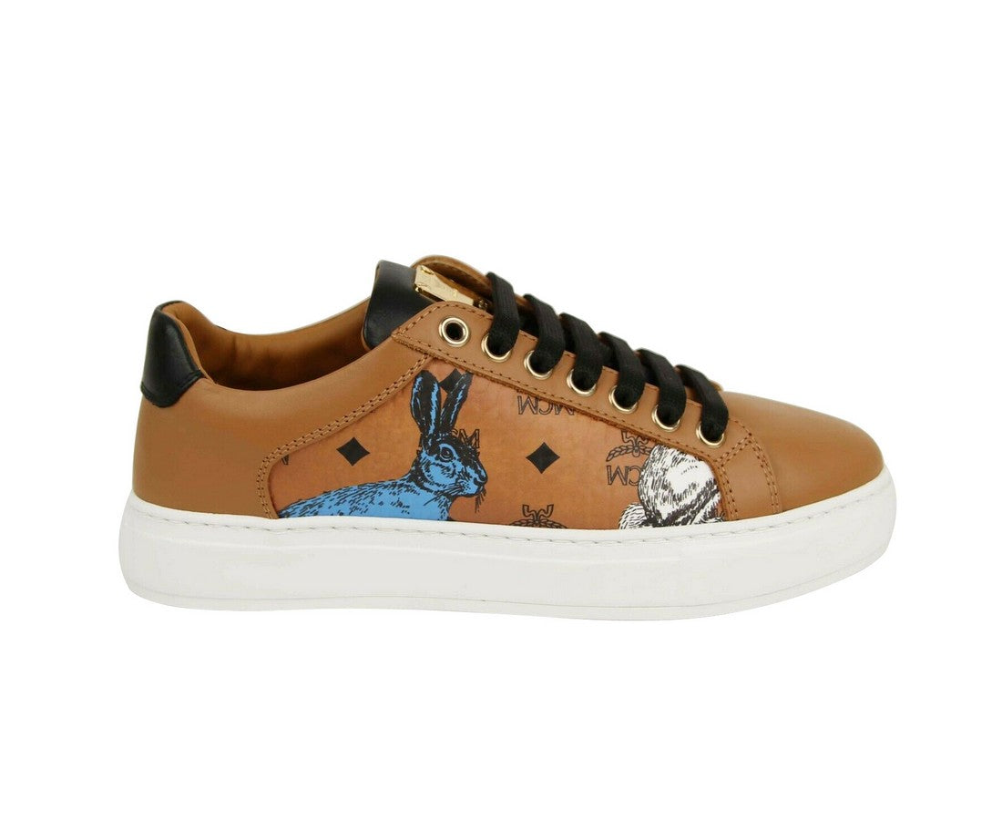 MCM Women's Cognac Brown Visetos Leather Rabbit Print Sneakers MES9AMM76CO0