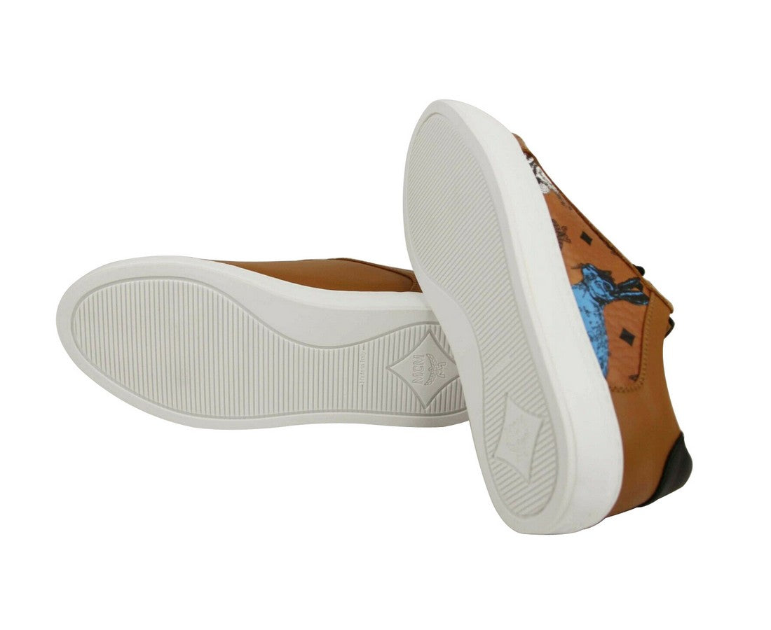 MCM Women's Cognac Brown Visetos Leather Rabbit Print Sneakers MES9AMM76CO0