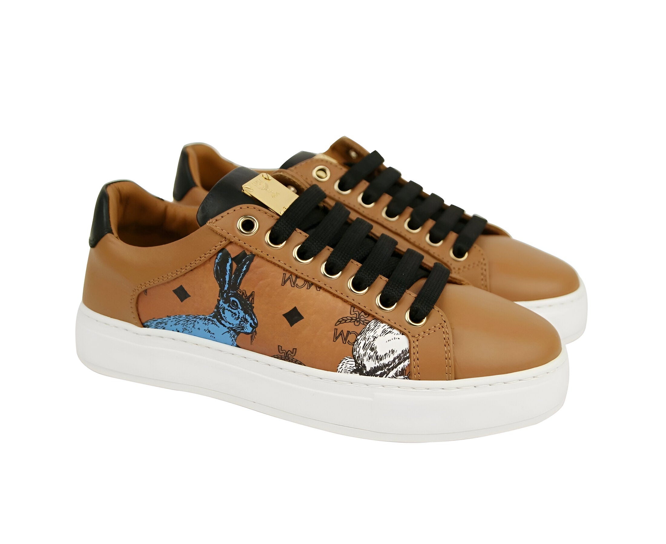 MCM Women's Cognac Brown Visetos Leather Rabbit Print Sneakers (36 EU / 6 US)