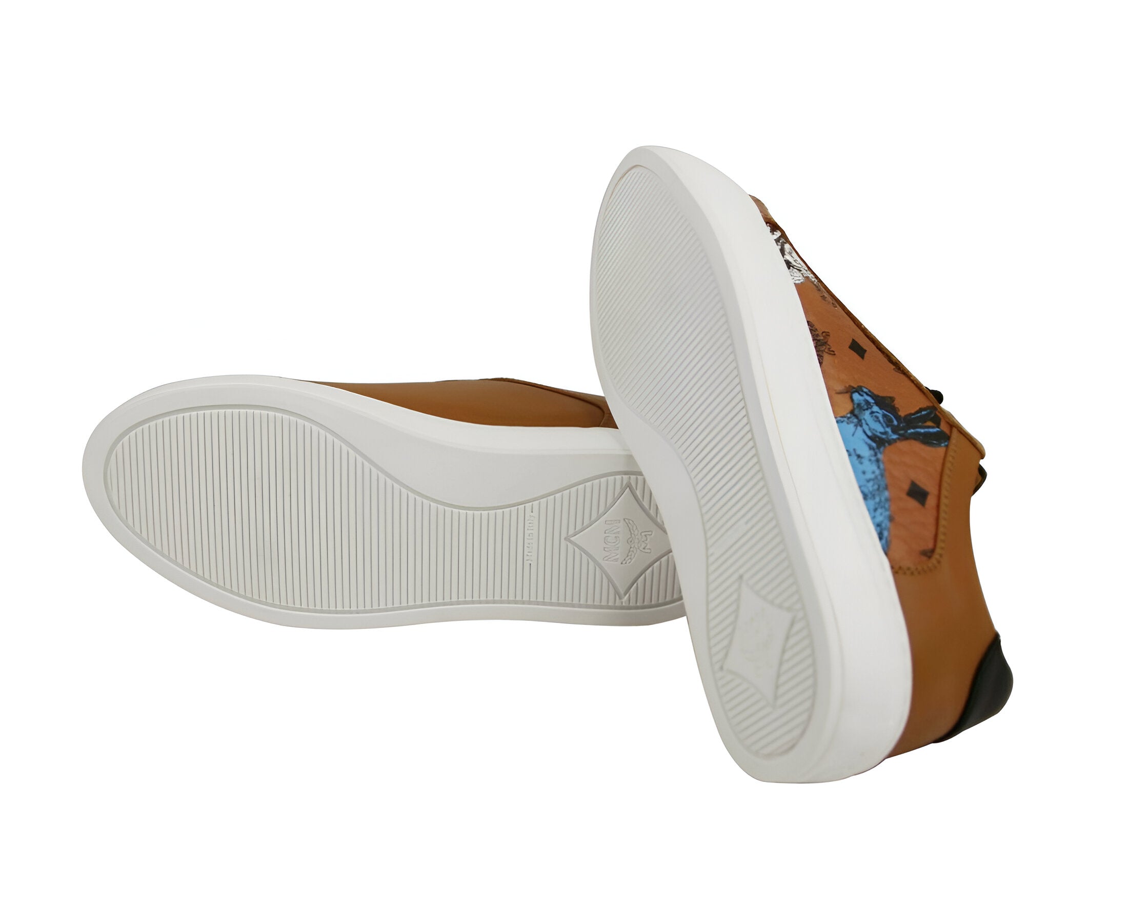 MCM Women's Cognac Brown Visetos Leather Rabbit Print Sneakers MES9AMM76CO0