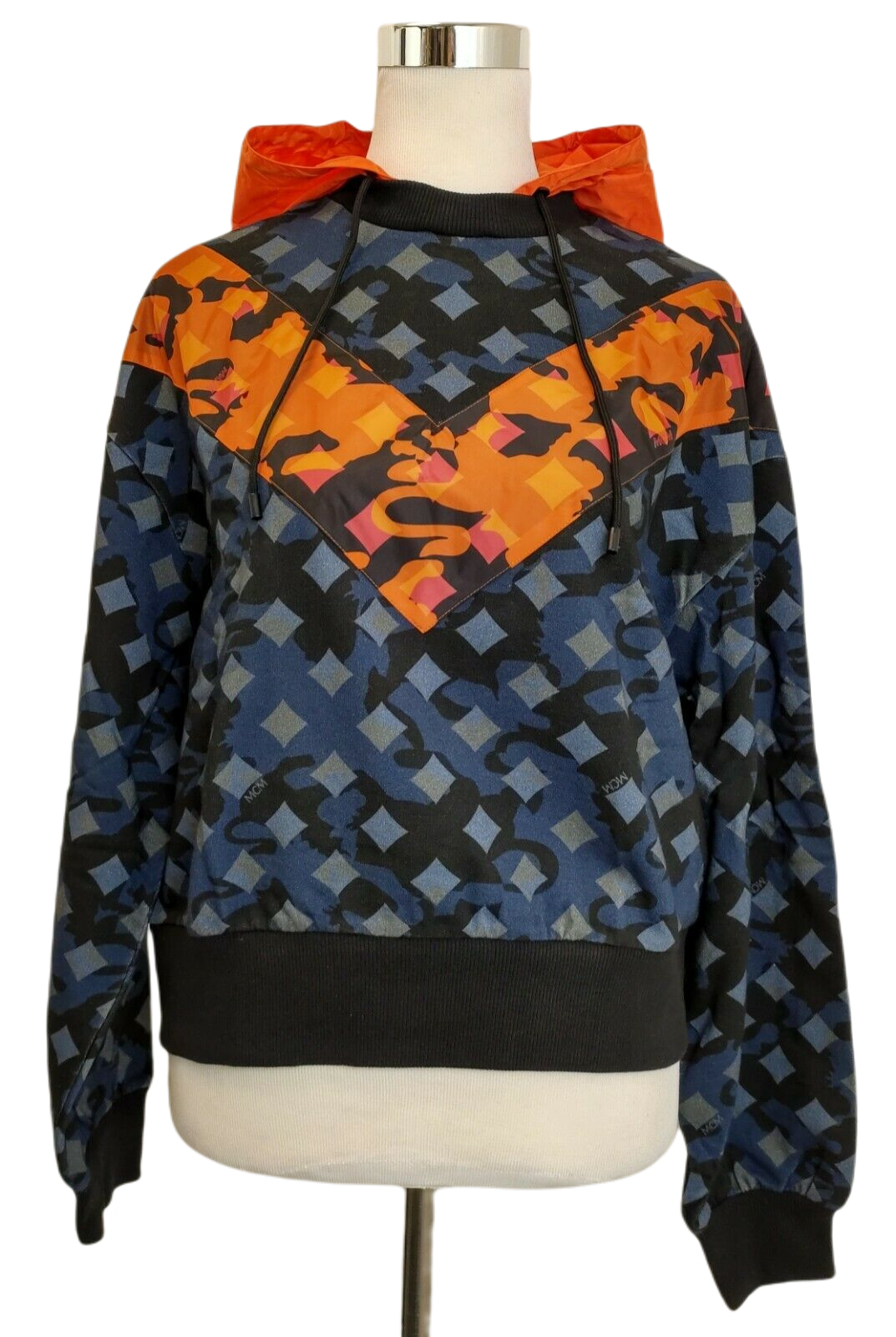 MCM Women's Blue Cotton Camo Lion Orange Nylon Hood Sweatshirt