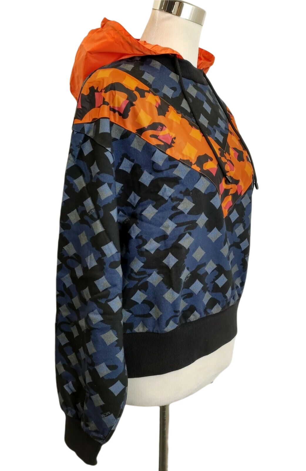 MCM Women's Blue Cotton Camo Lion Orange Nylon Hood Sweatshirt