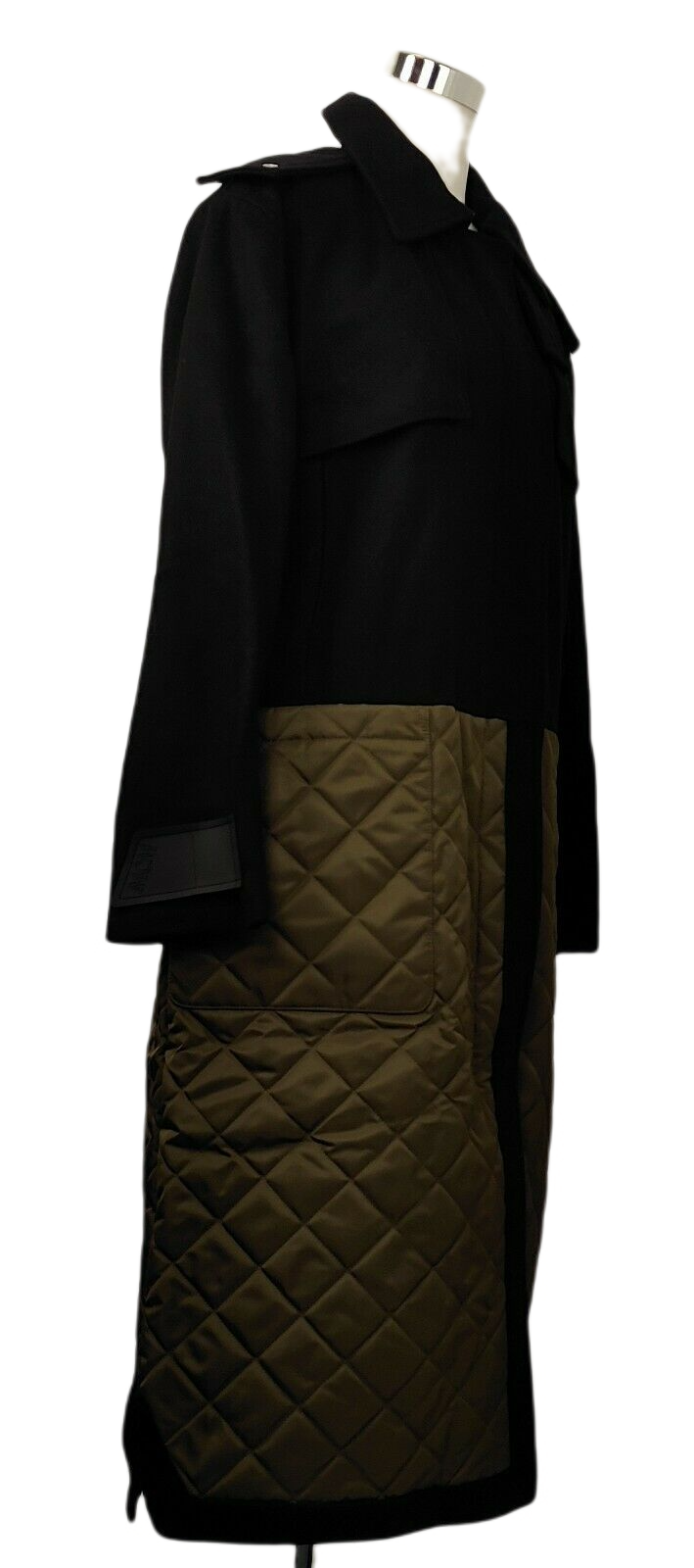MCM Women's Black Wool/ Olive Green Quilted Nylon Long Coat w/Hood (IT 44)