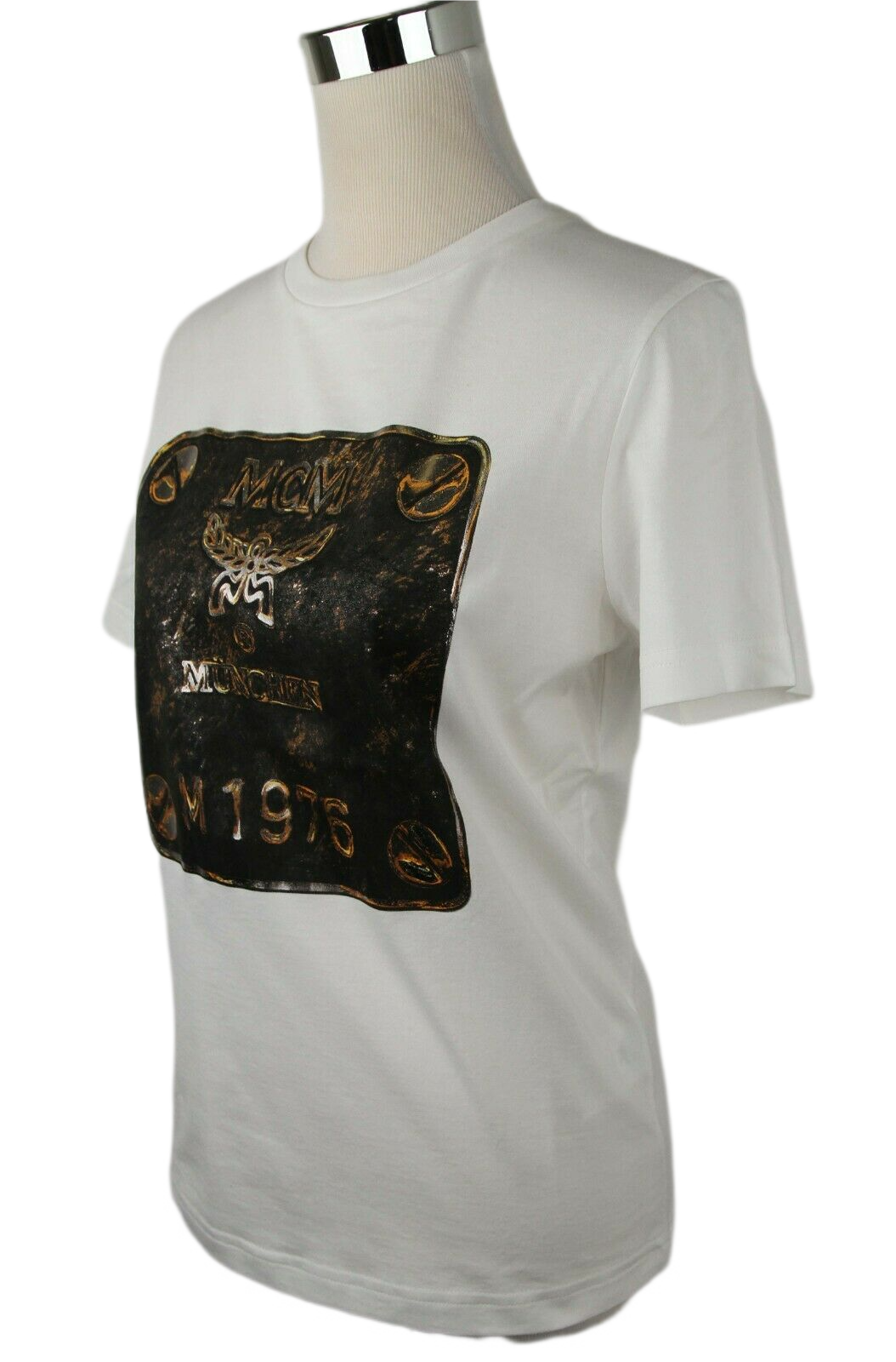 MCM Women's Black Cotton Short Sleeve Plaque Logo Print T-Shirt S