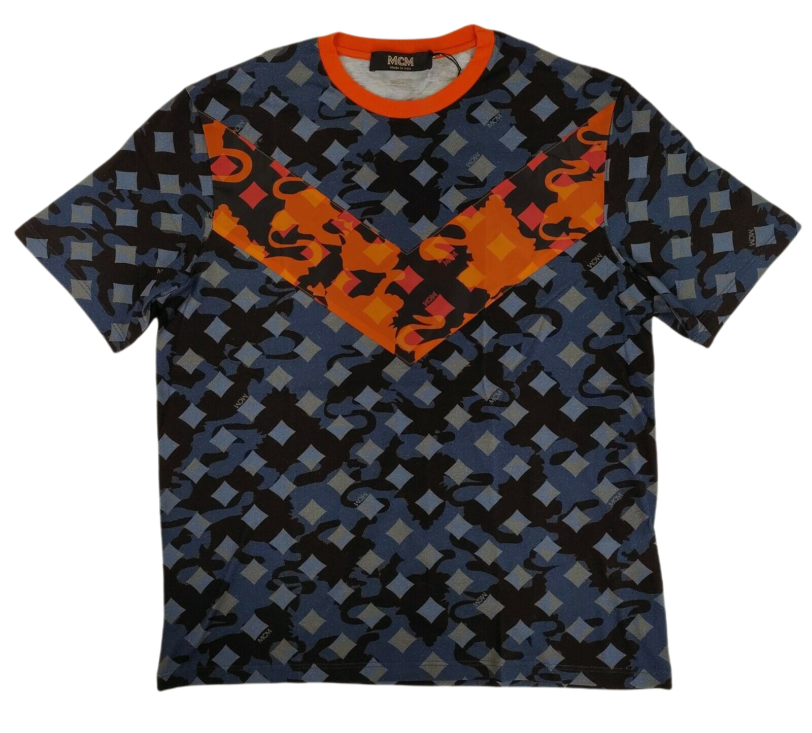 MCM Mens Blue/Gray Cotton Orange Nylon Stripe Camo Lion T-shirt (Regular; M)
