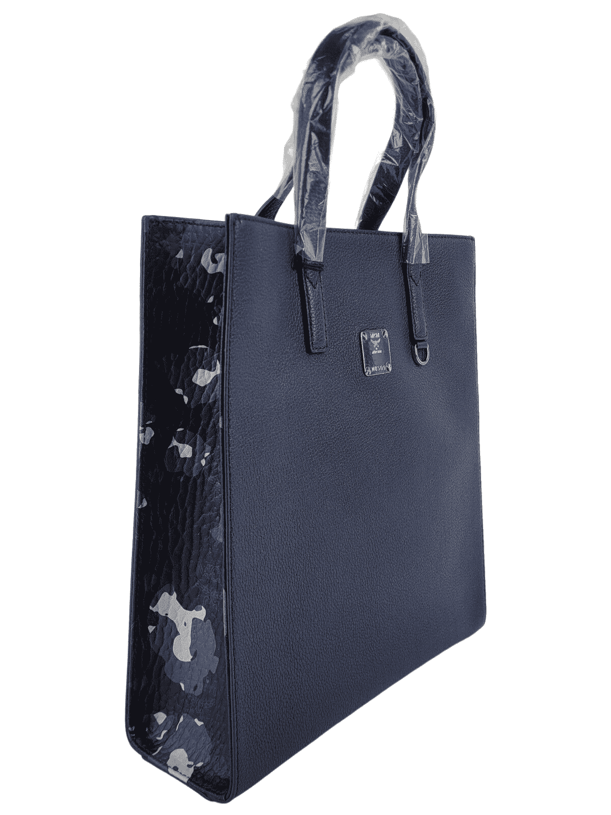 MCM Navy Leather Messenger Tote Bag with Camo Print