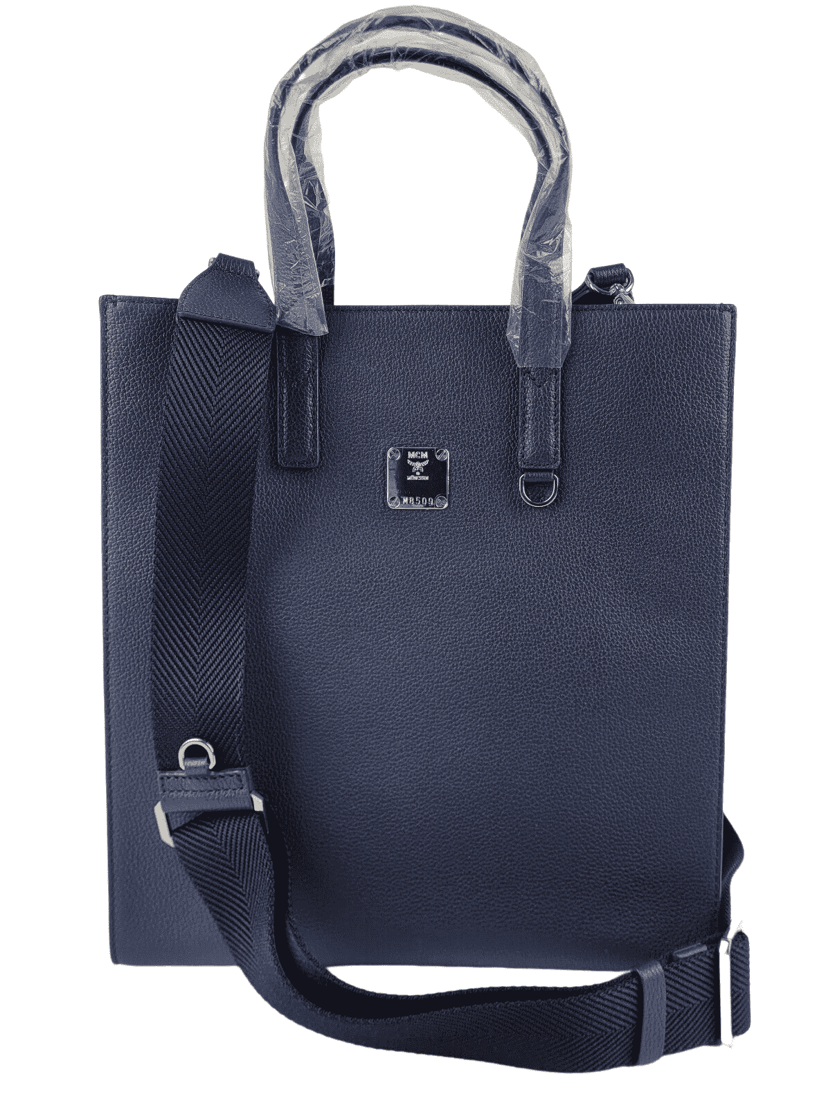 MCM Navy Leather Messenger Tote Bag with Camo Print