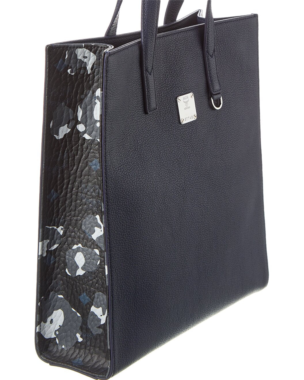MCM Navy Leather with Camo Print Messenger Tote Bag