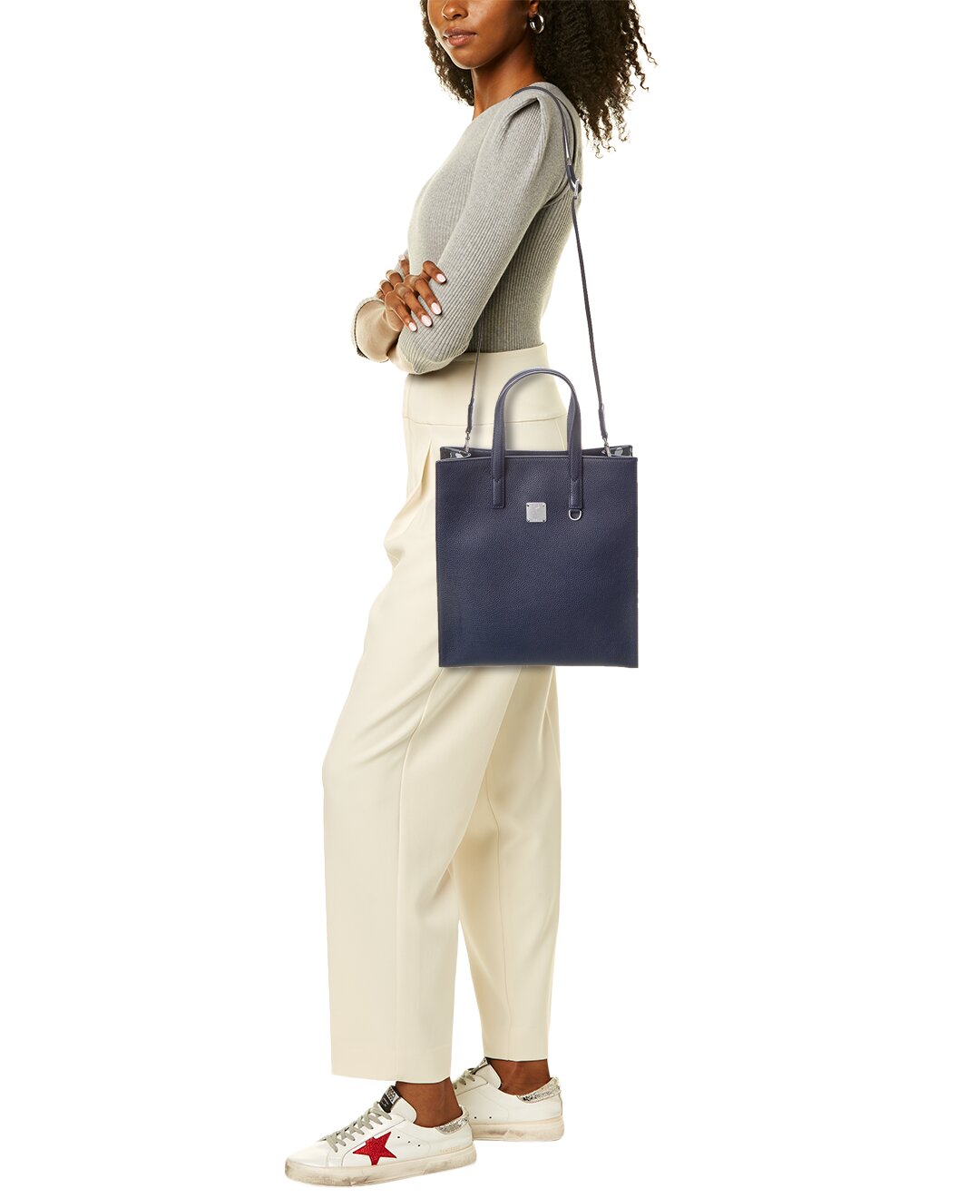 MCM Navy Leather with Camo Print Messenger Tote Bag