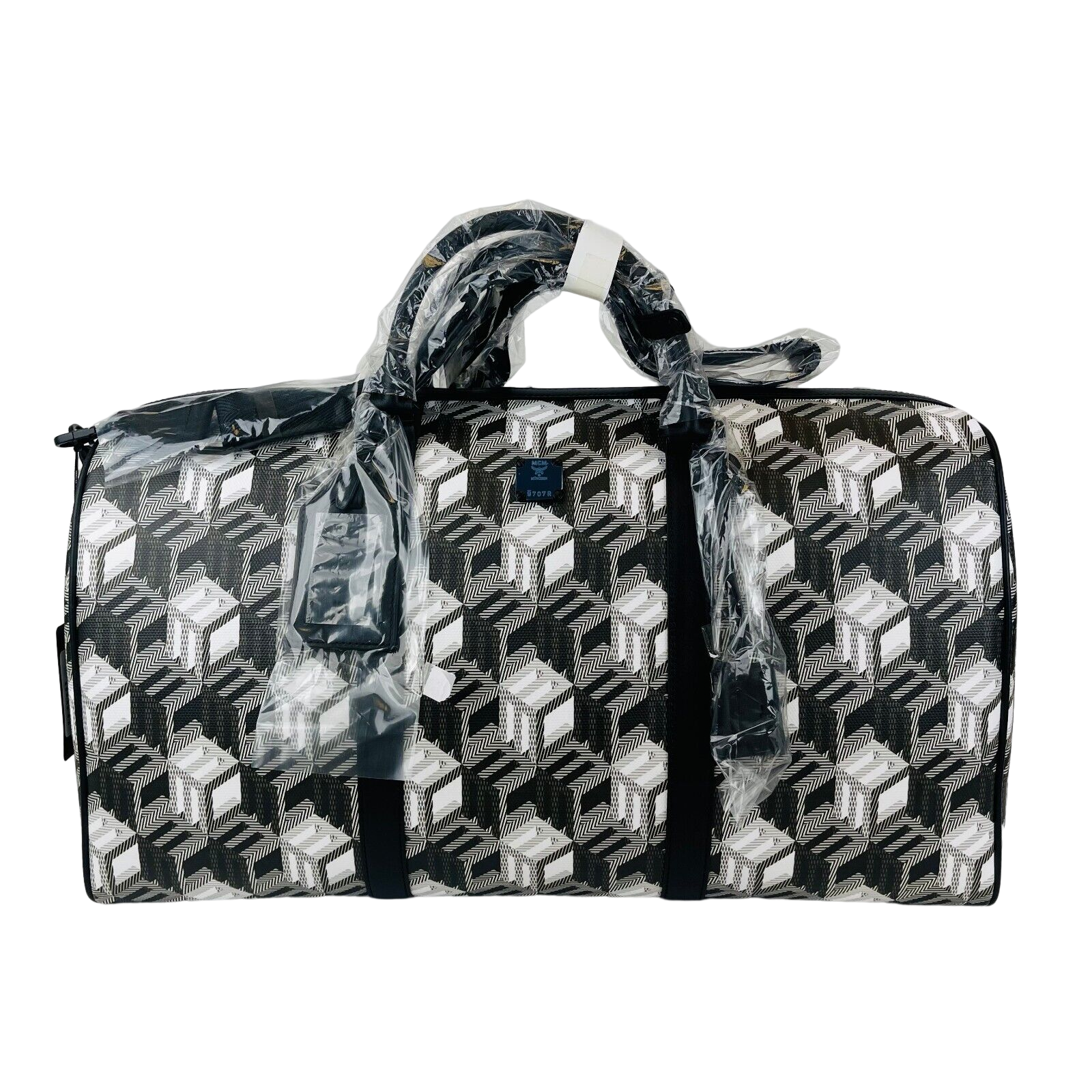 MCM Black/White Cubic Monogram Canvas Weekender Duffel Bag