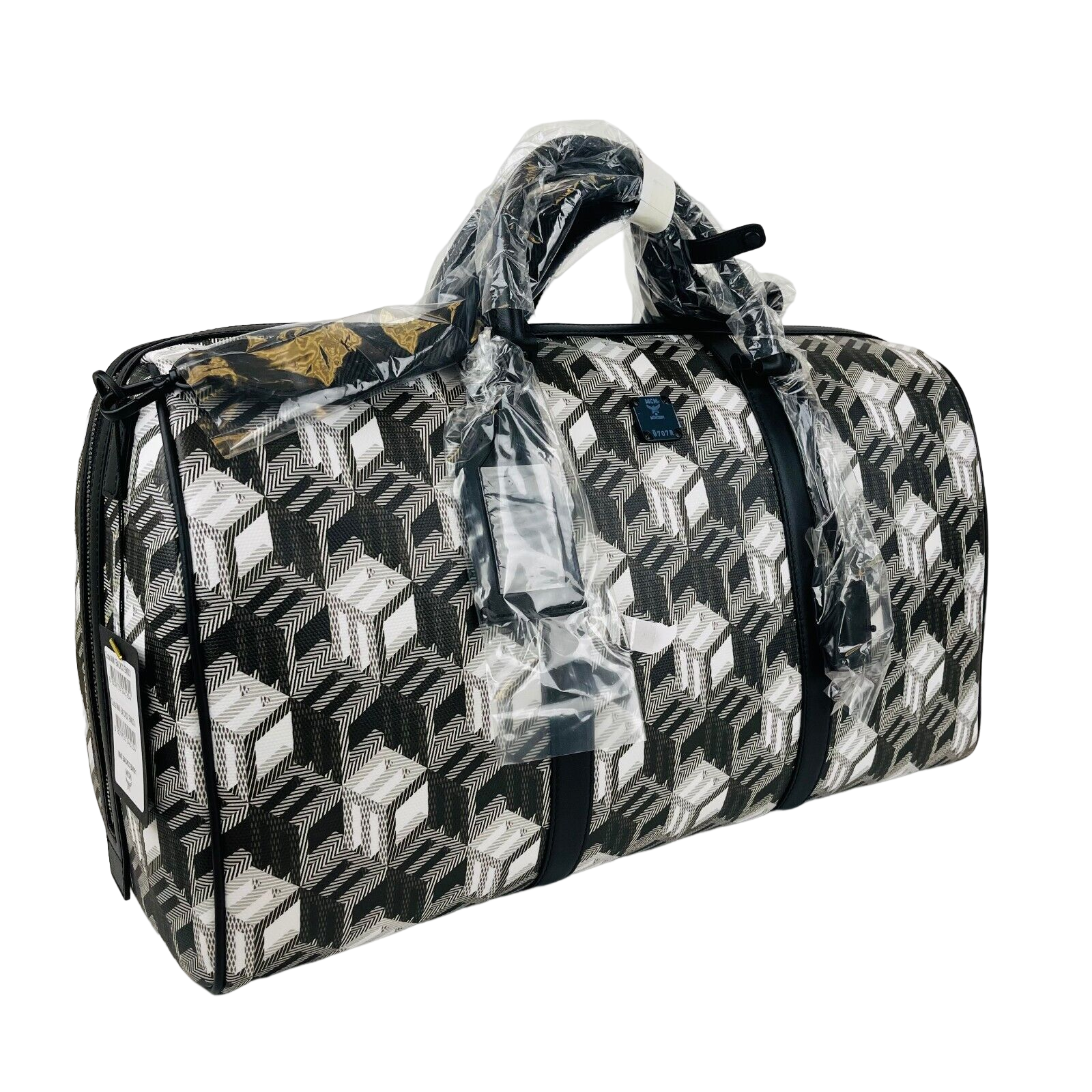 MCM Black/White Cubic Monogram Canvas Weekender Duffel Bag