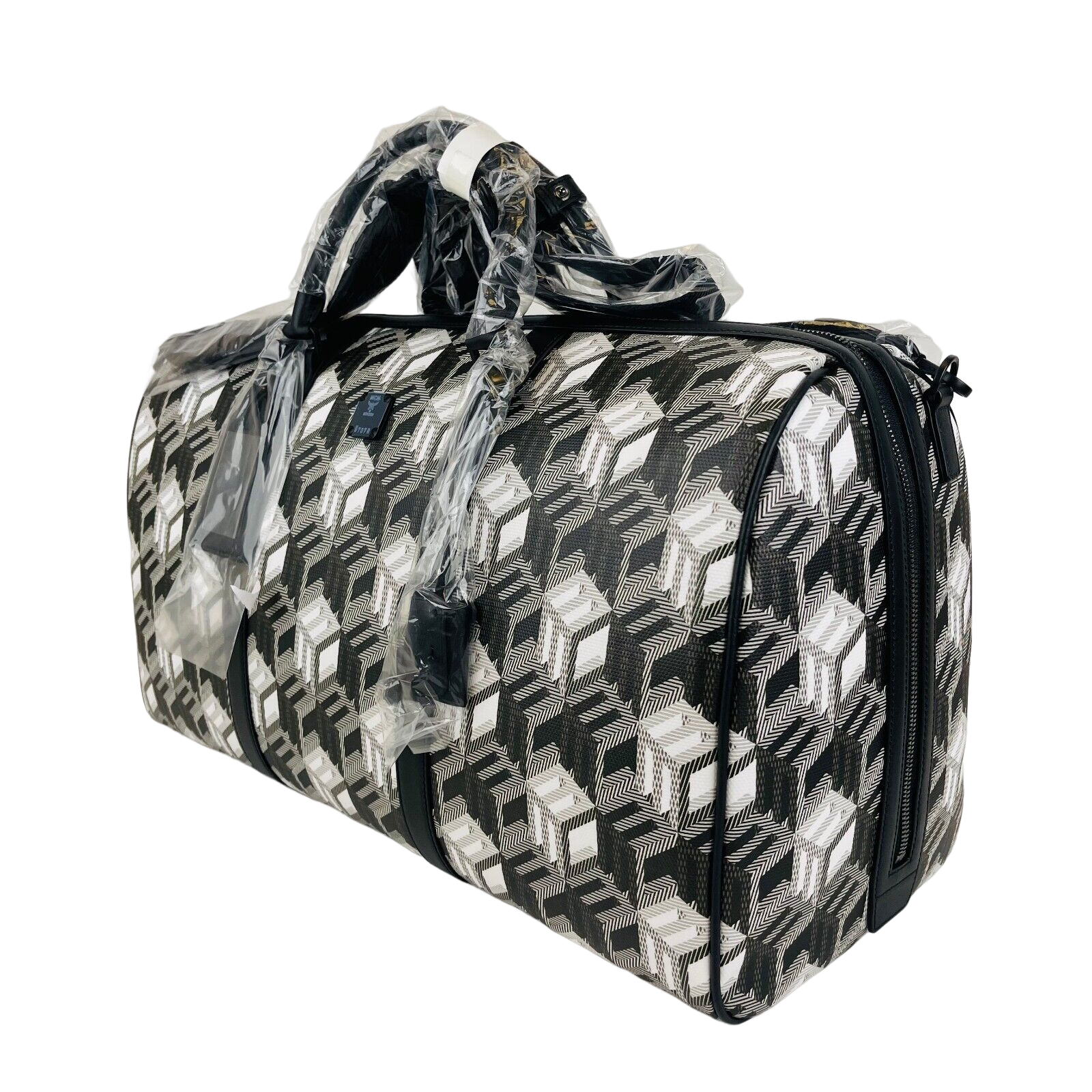 MCM Black/White Cubic Monogram Canvas Weekender Duffel Bag