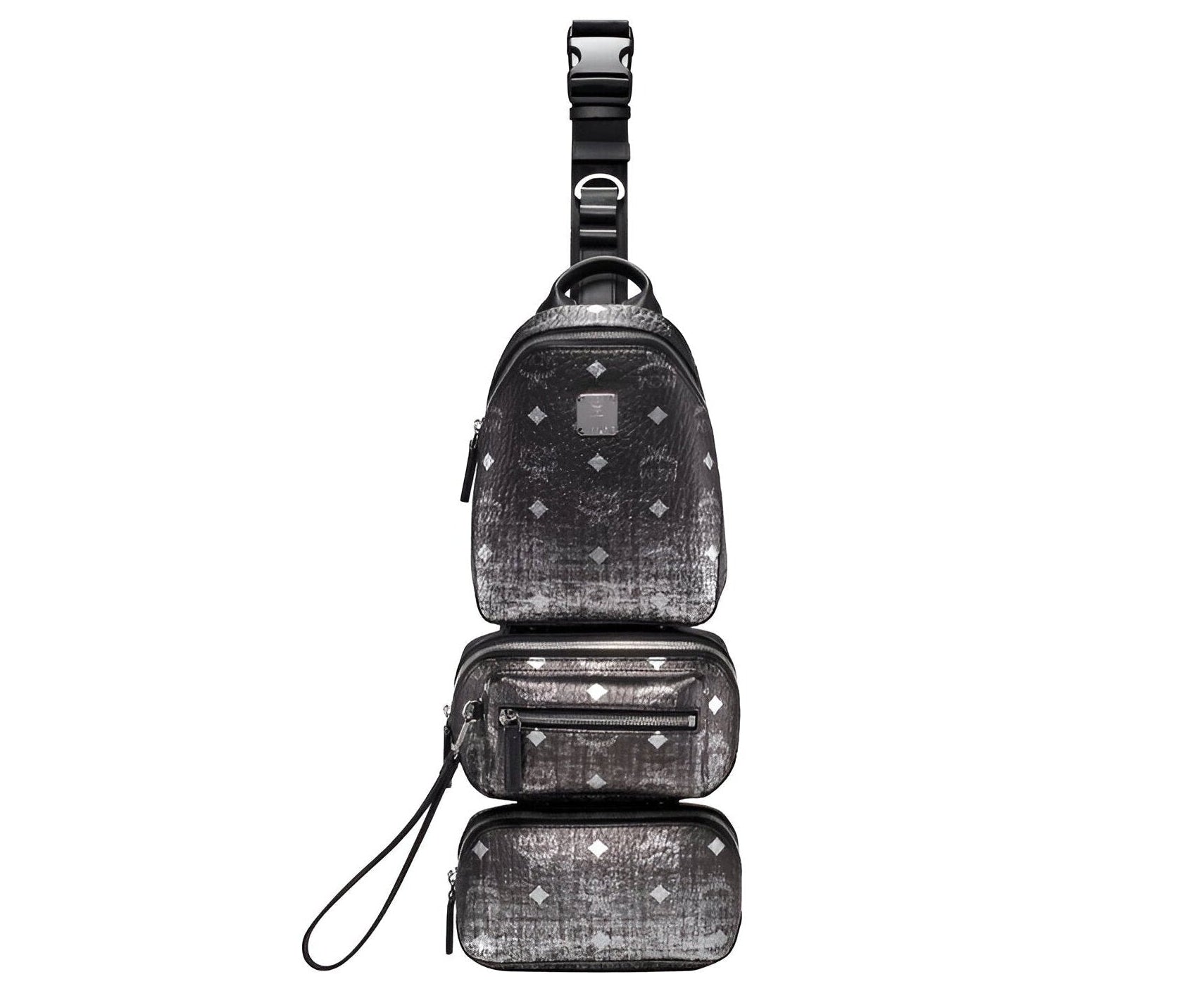MCM Black Silver Gradien Visetos Trey 4-in-1 Sling Crossbody Belt Bag