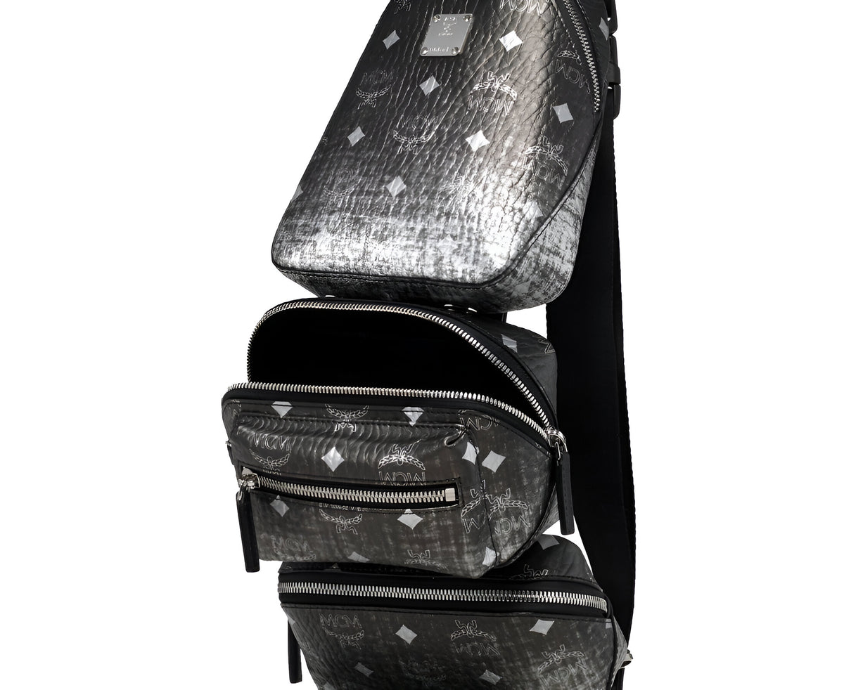 MCM Women's Black Silver Gradien Visetos Trey 4-in-1 Sling Crossbody Belt Bag MUL9ARN11SV001
