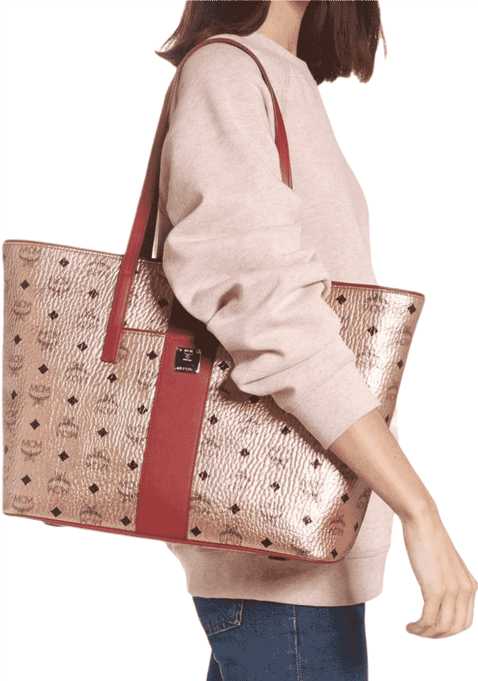 MCM Anya Champagne Gold Monogram Visetos Canvas Medium Tote Bag
