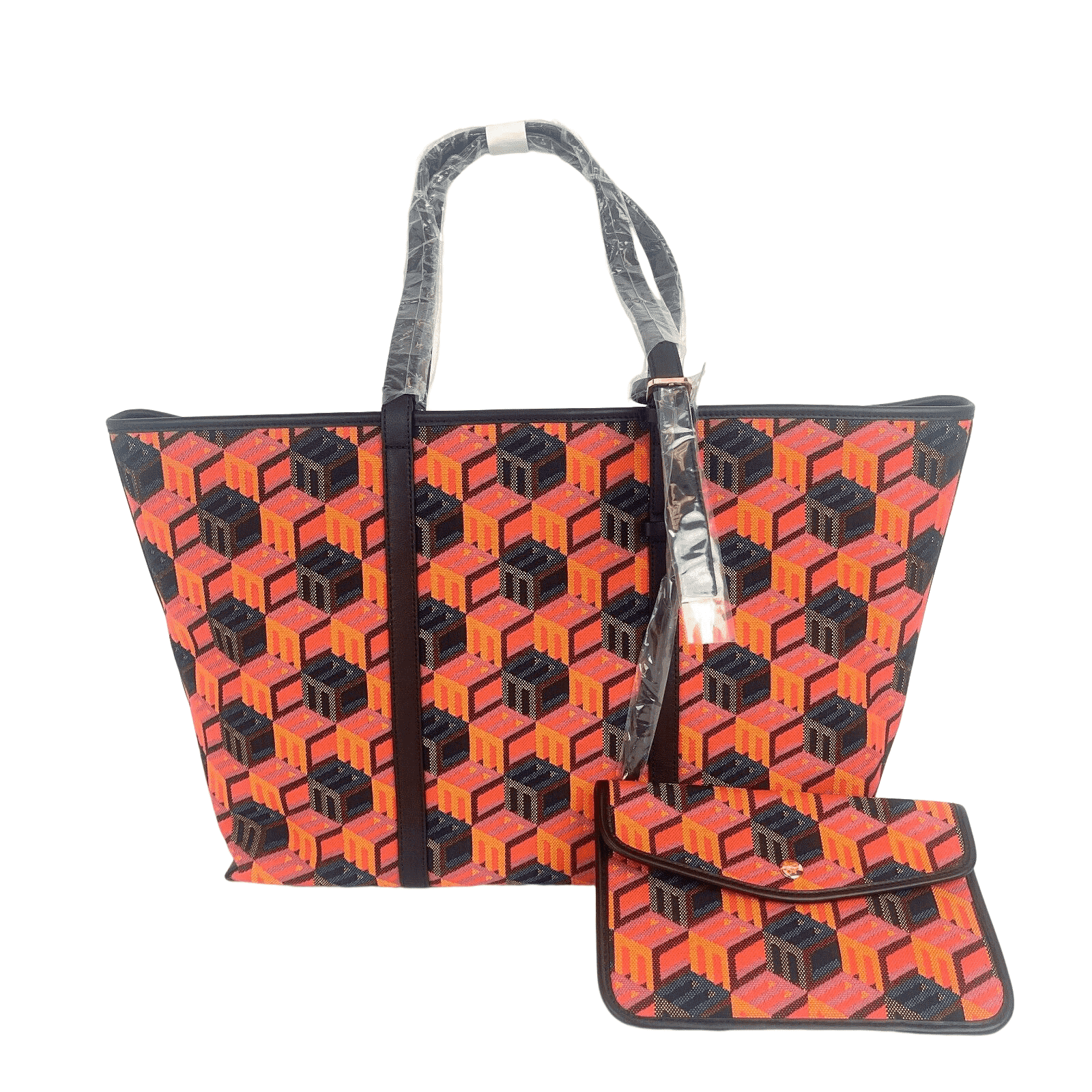 MCM Orange/Red Cubic Logo Jacquard Medium Leather Trim Tote Bag
