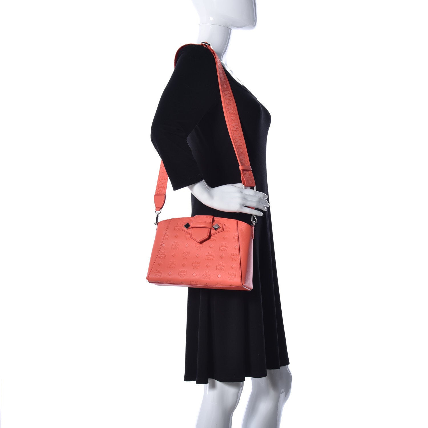 MCM Hot Coral Monogram Leather Small Essential Crossbody Bag