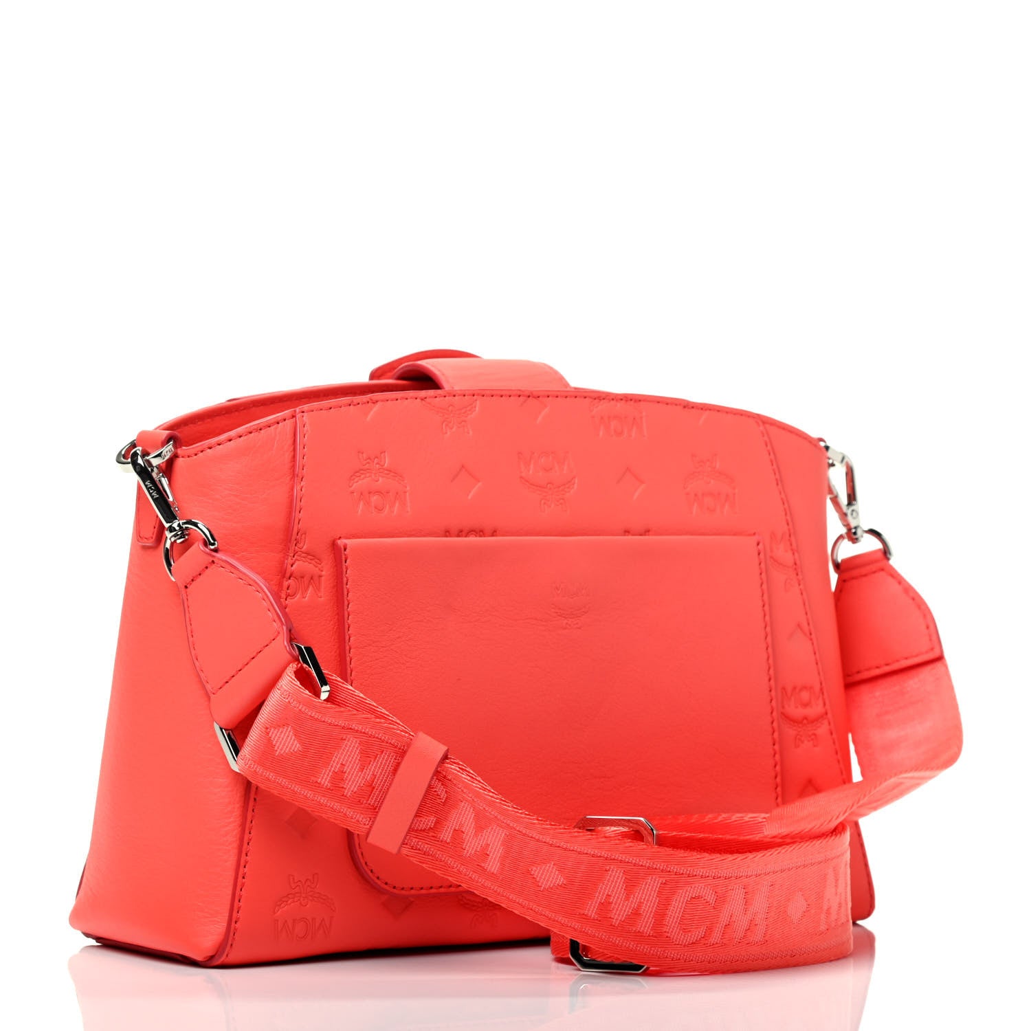 MCM Hot Coral Monogram Leather Small Essential Crossbody Bag