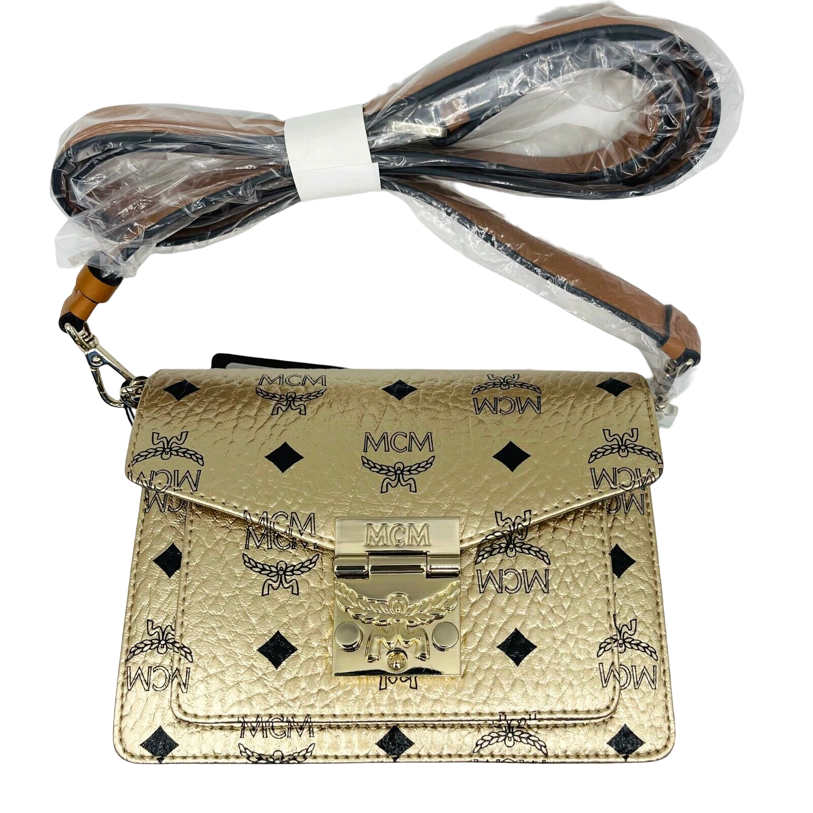 MCM Patricia Mini Berlin Gold Coated Canvas Crossbody Bag