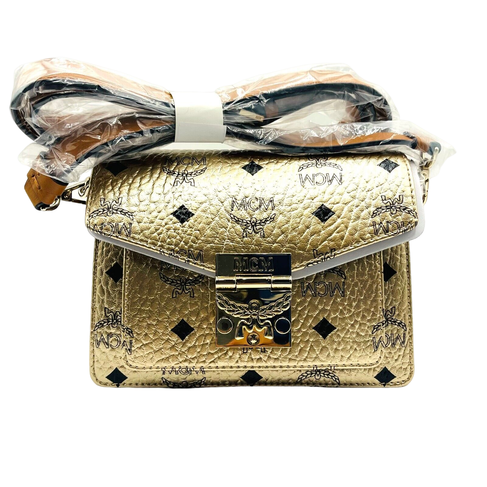 MCM Patricia Mini Berlin Gold Coated Canvas Crossbody Bag