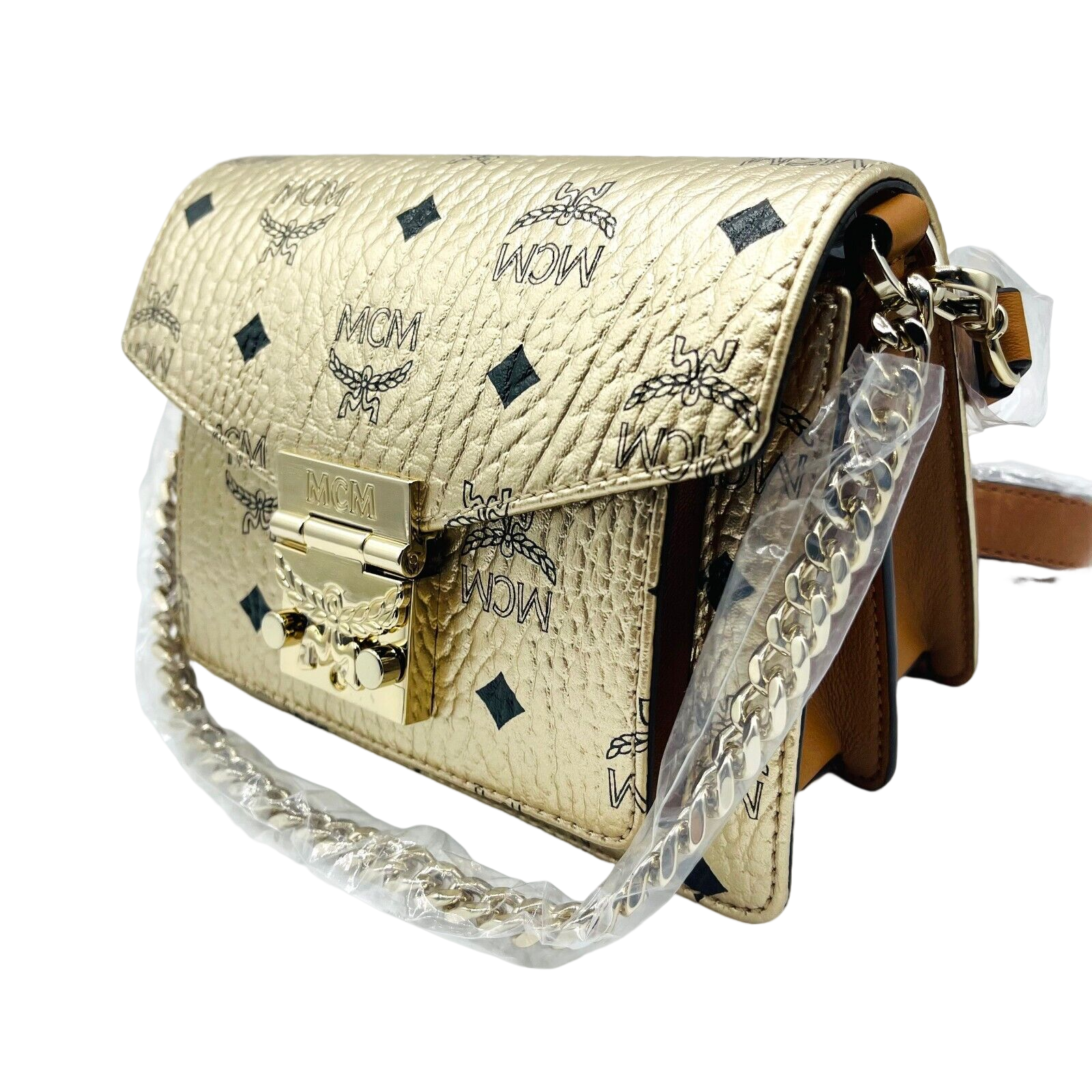 MCM Patricia Mini Berlin Gold Coated Canvas Crossbody Bag