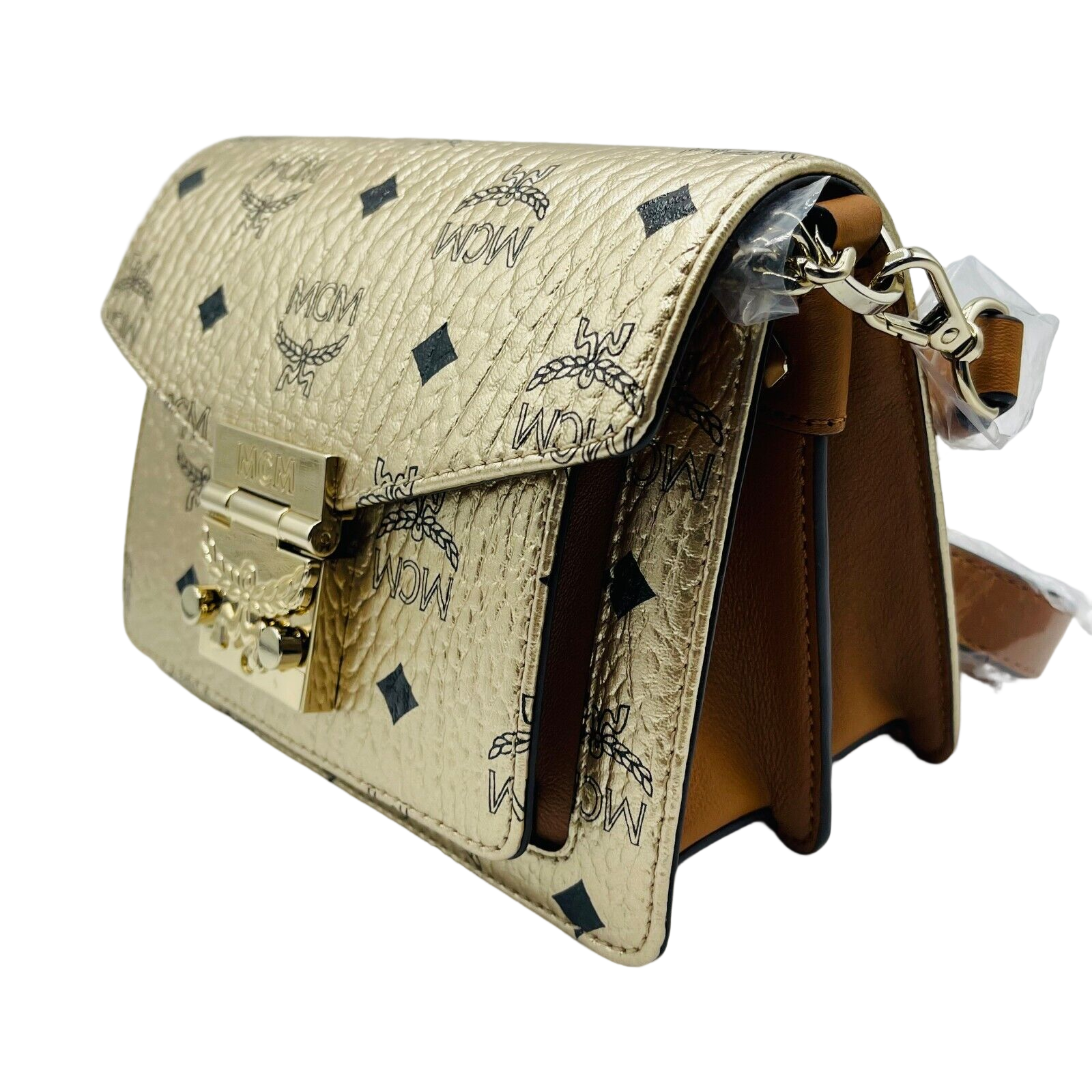 MCM Patricia Mini Berlin Gold Coated Canvas Crossbody Bag