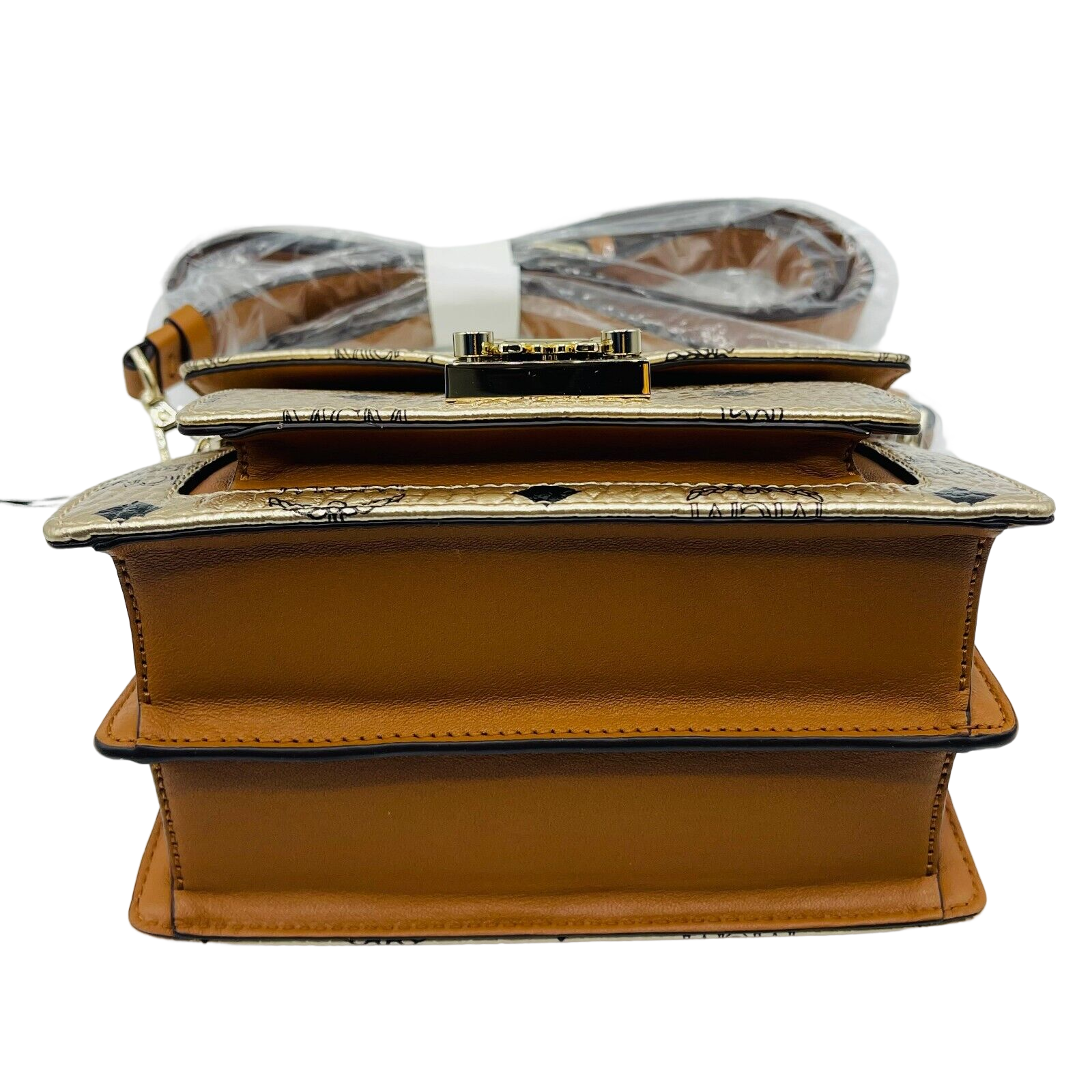 MCM Patricia Mini Berlin Gold Coated Canvas Crossbody Bag