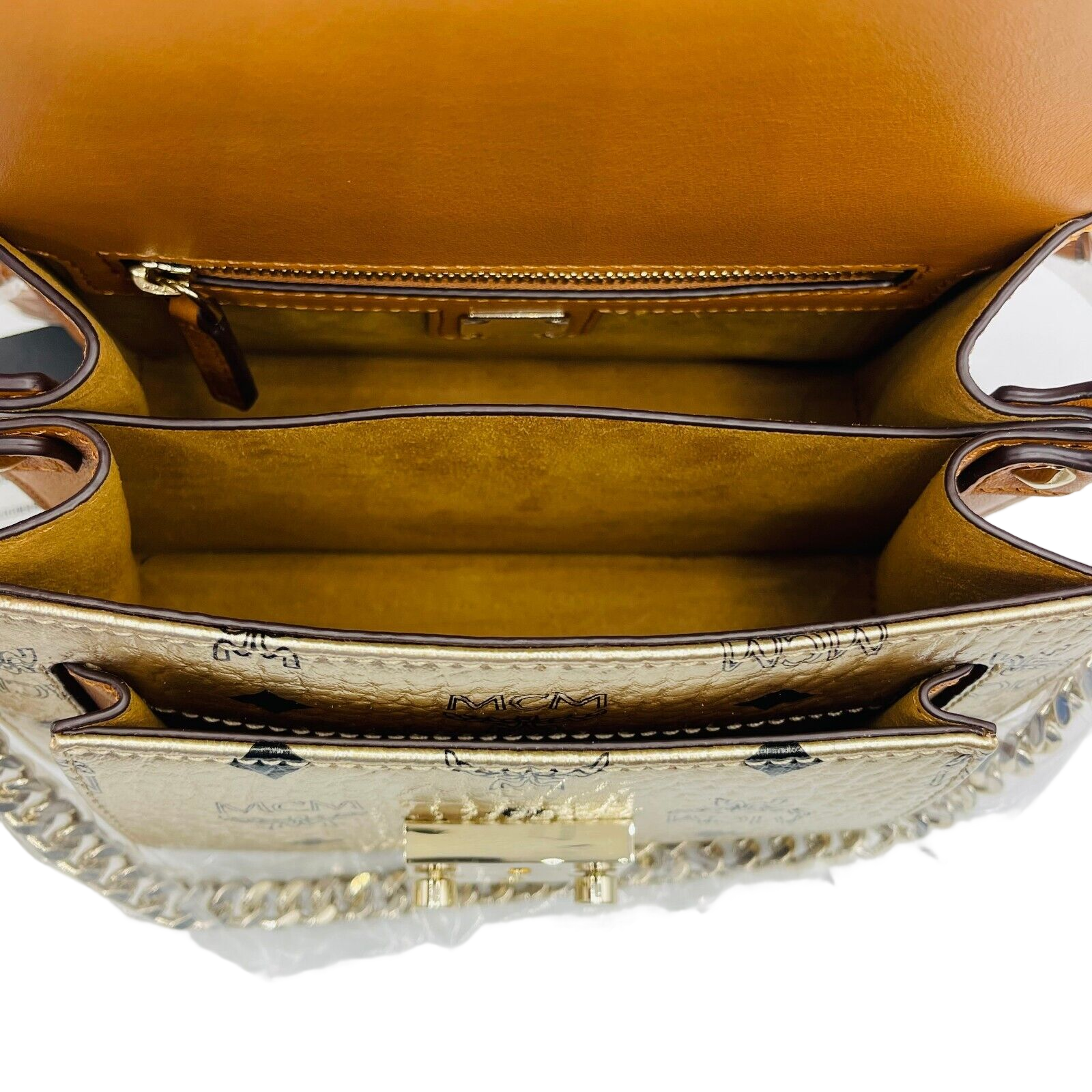 MCM Patricia Mini Berlin Gold Coated Canvas Crossbody Bag