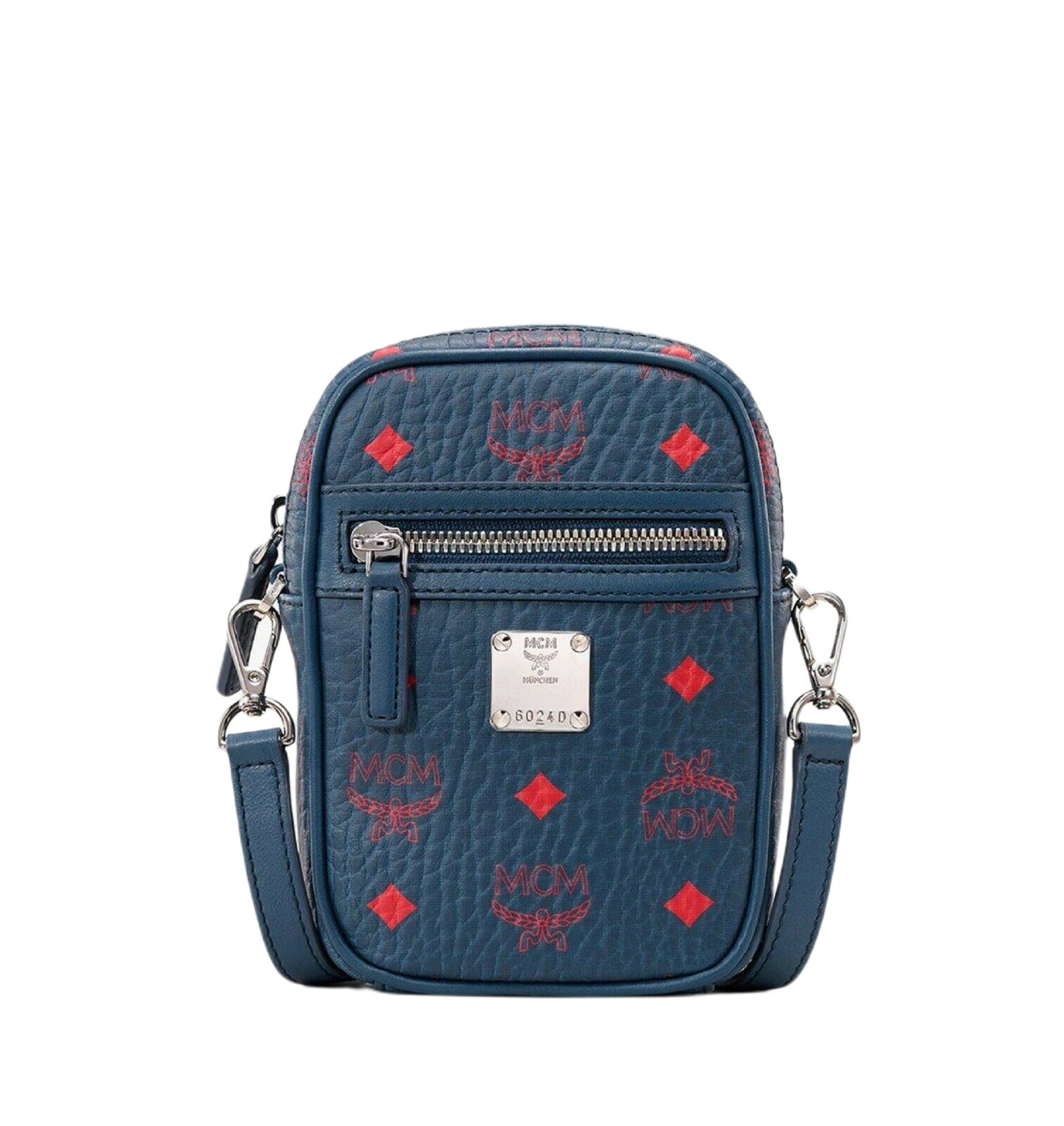 MCM Deep Blue Visetos Red Logo Small Crossbody Bag
