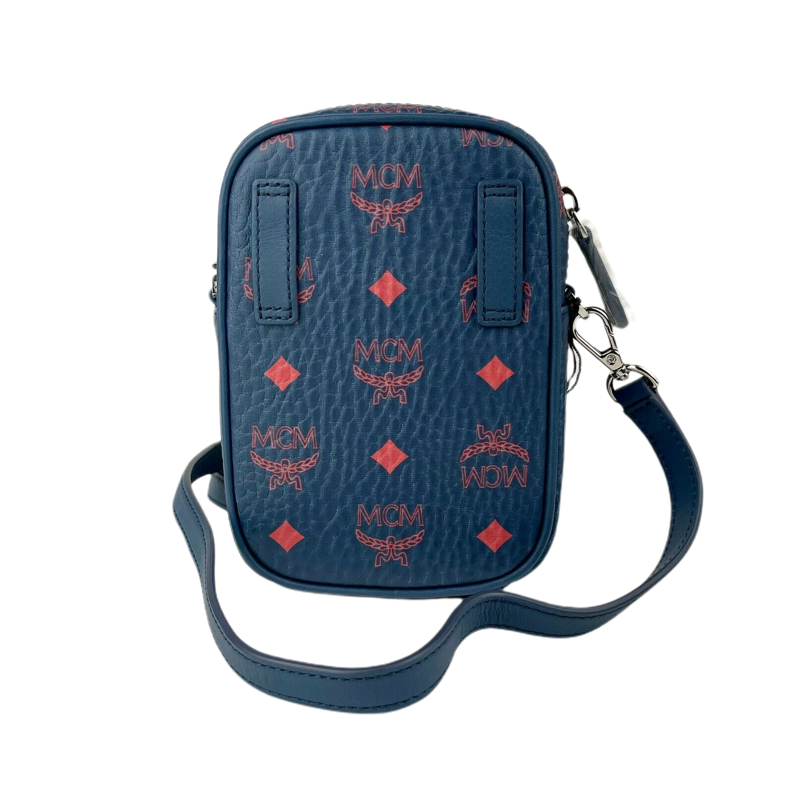 MCM Deep Blue Visetos Red Logo Small Crossbody Bag