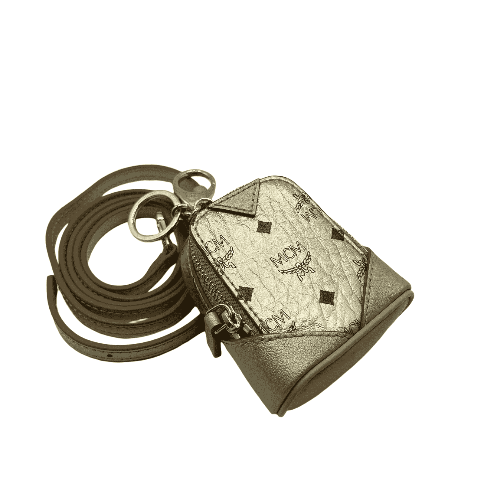 MCM Berlin Gold Visetos Charm Key Ring Mini Crossbody Bag
