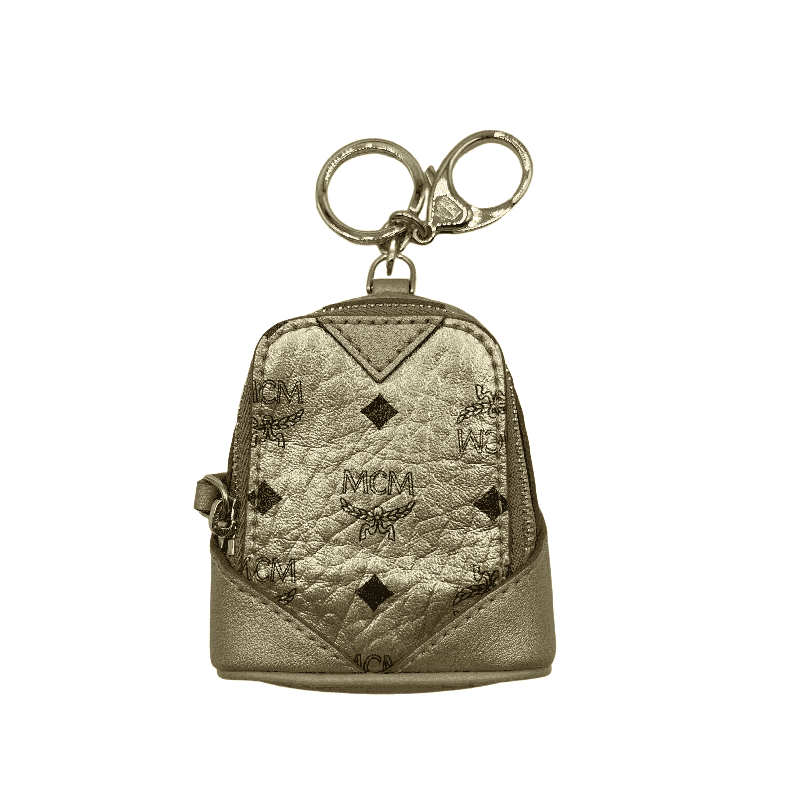 MCM Berlin Gold Visetos Charm Key Ring Mini Crossbody Bag