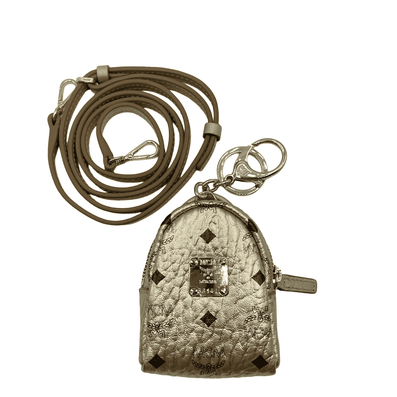 MCM Berlin Gold Visetos Charm Key Ring Mini Crossbody Bag