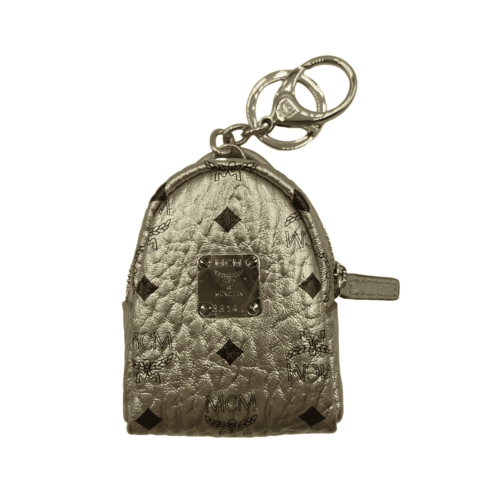 MCM Berlin Gold Visetos Charm Key Ring Mini Crossbody Bag