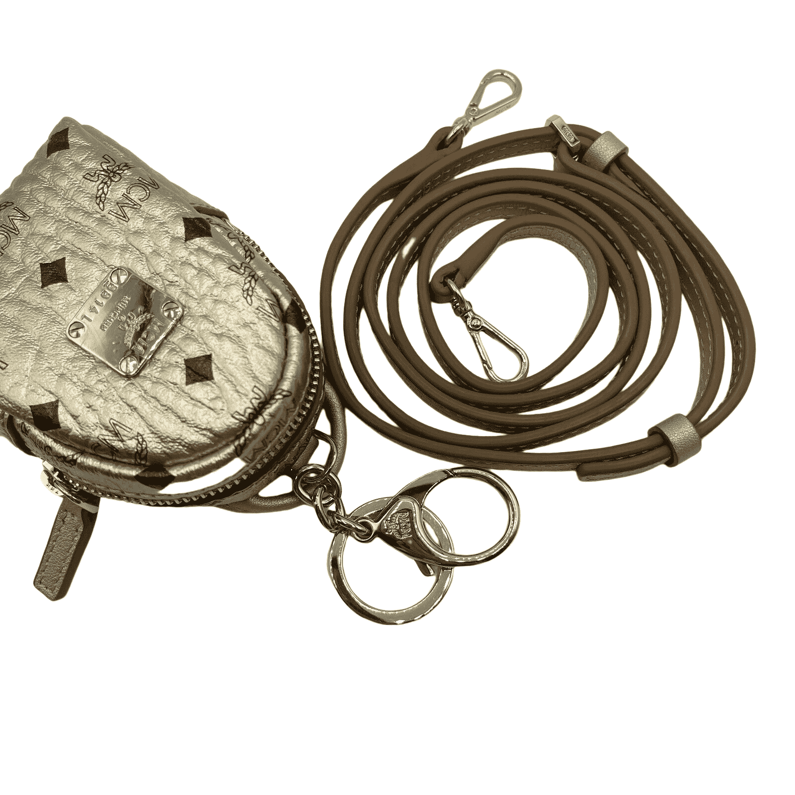 MCM Berlin Gold Visetos Charm Key Ring Mini Crossbody Bag