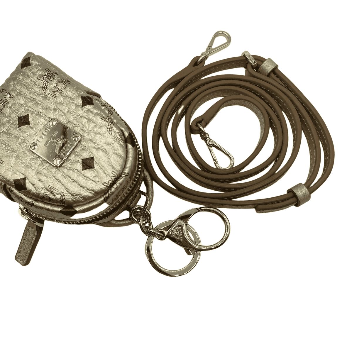 MCM Berlin Gold Visetos Charm Key Ring Mini Crossbody Bag