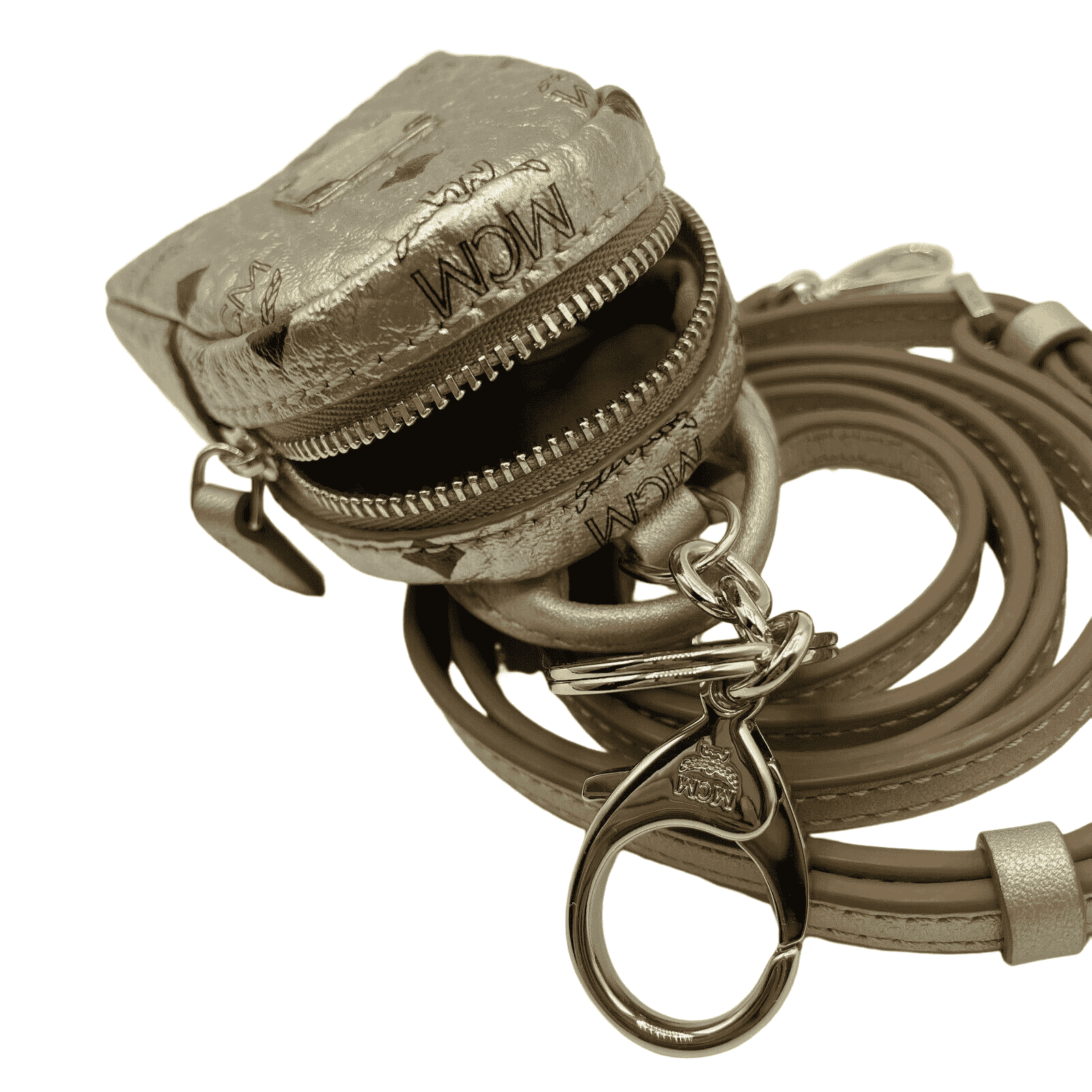 MCM Berlin Gold Visetos Charm Key Ring Mini Crossbody Bag