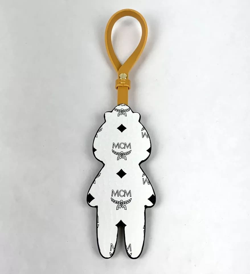 MCM White Leather Visetos Bag Charm W/Swarovski Crystals