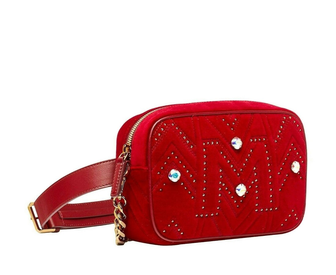 MCM Red Velvet Crystal Studs Crossbody Camera Belt Bag