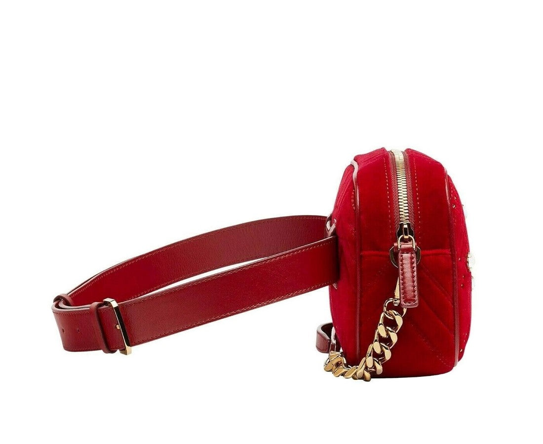 MCM Red Velvet Crystal Studs Crossbody Camera Belt Bag
