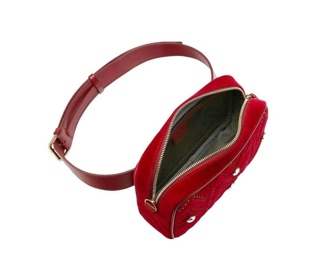 MCM Red Velvet Crystal Studs Crossbody Camera Belt Bag