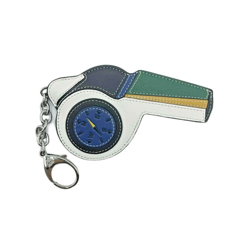 MCM Women's White/Green Leather Black Visetos Whistle Charm Key Ring